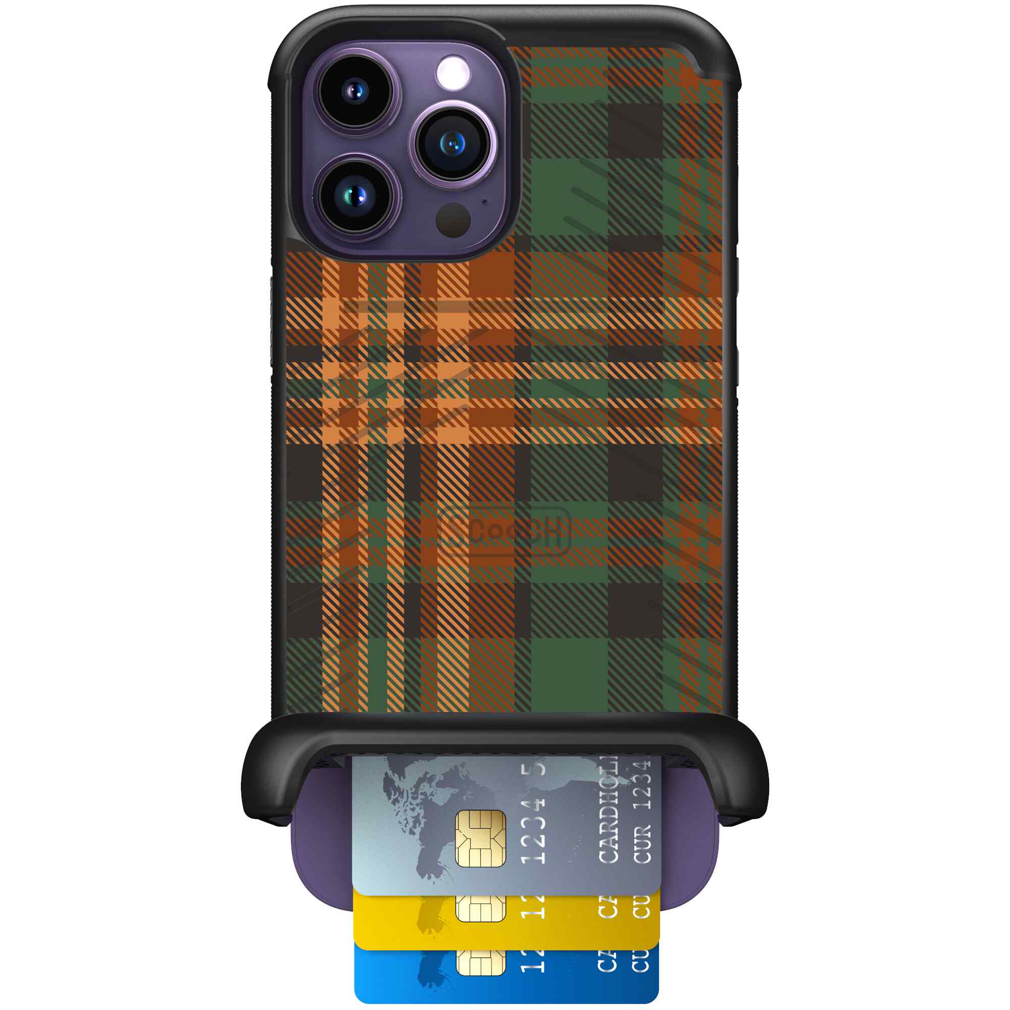Fall Flannel orange and brown plaid pattern on a Scooch Wingmate case for iPhone 14 Pro Max