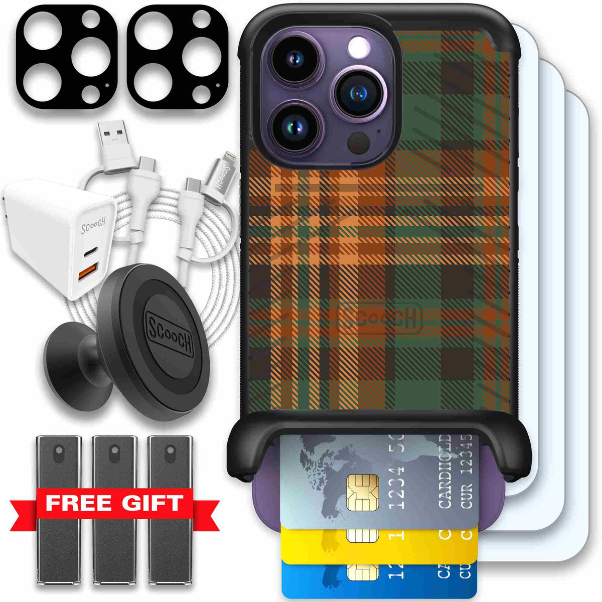 Fall Flannel orange and brown plaid pattern on a Scooch Wingmate case for iPhone 14 Pro - Ultimate Bundle