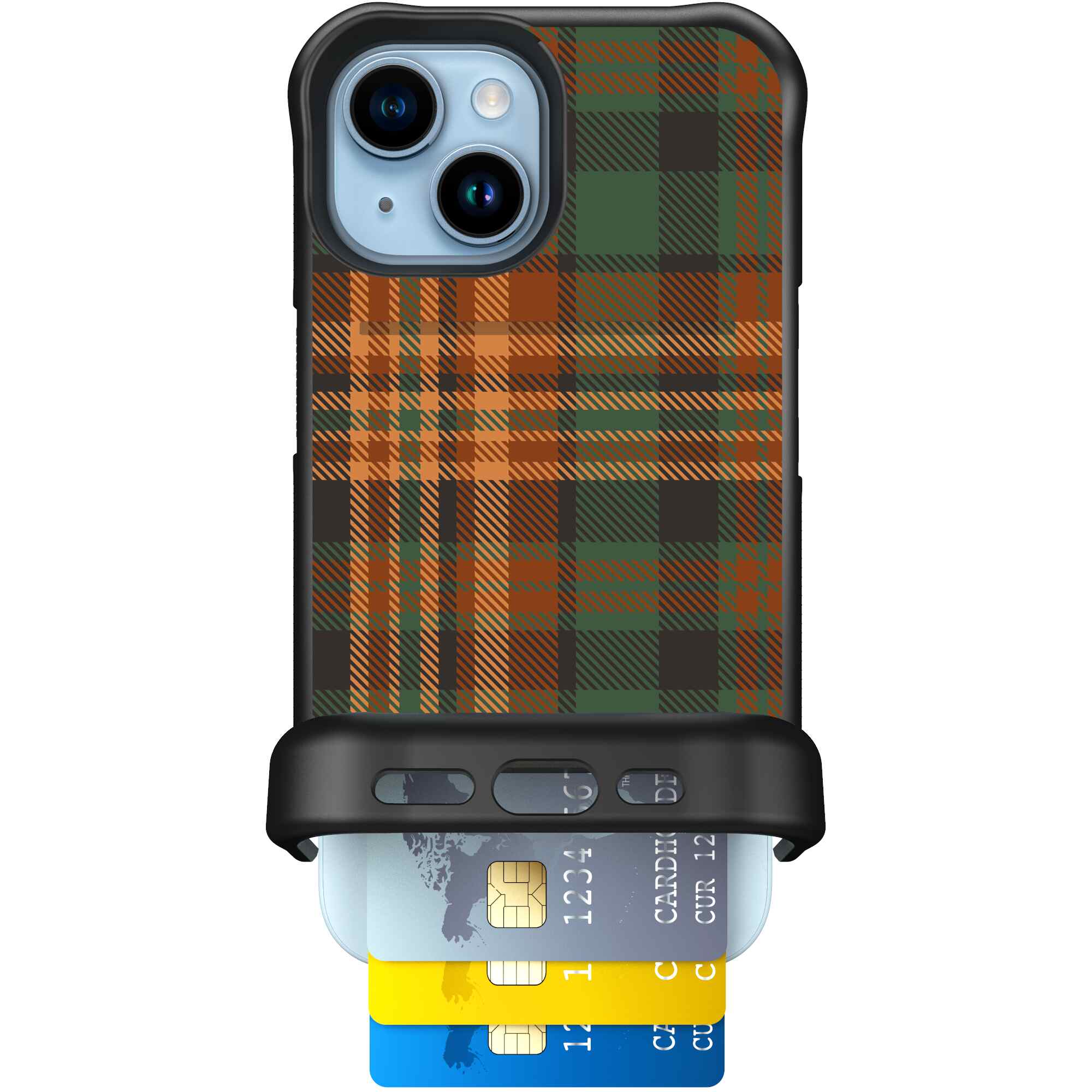 Fall Flannel orange and brown plaid pattern on a Scooch Wingmate case for iPhone 15