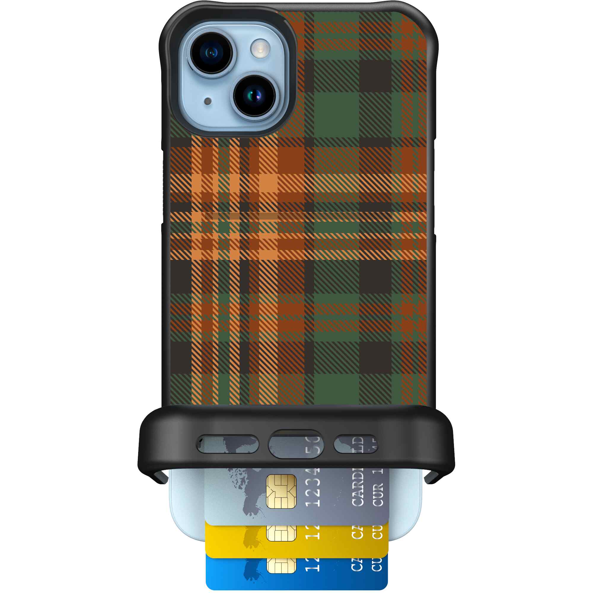 Fall Flannel orange and brown plaid pattern on a Scooch Wingmate case for iPhone 15 Plus