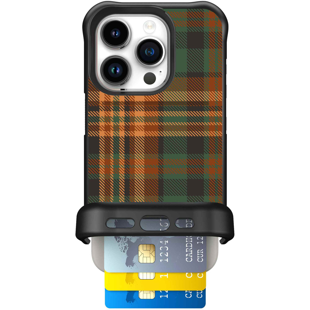 Fall Flannel orange and brown plaid pattern on a Scooch Wingmate case for iPhone 15 Pro