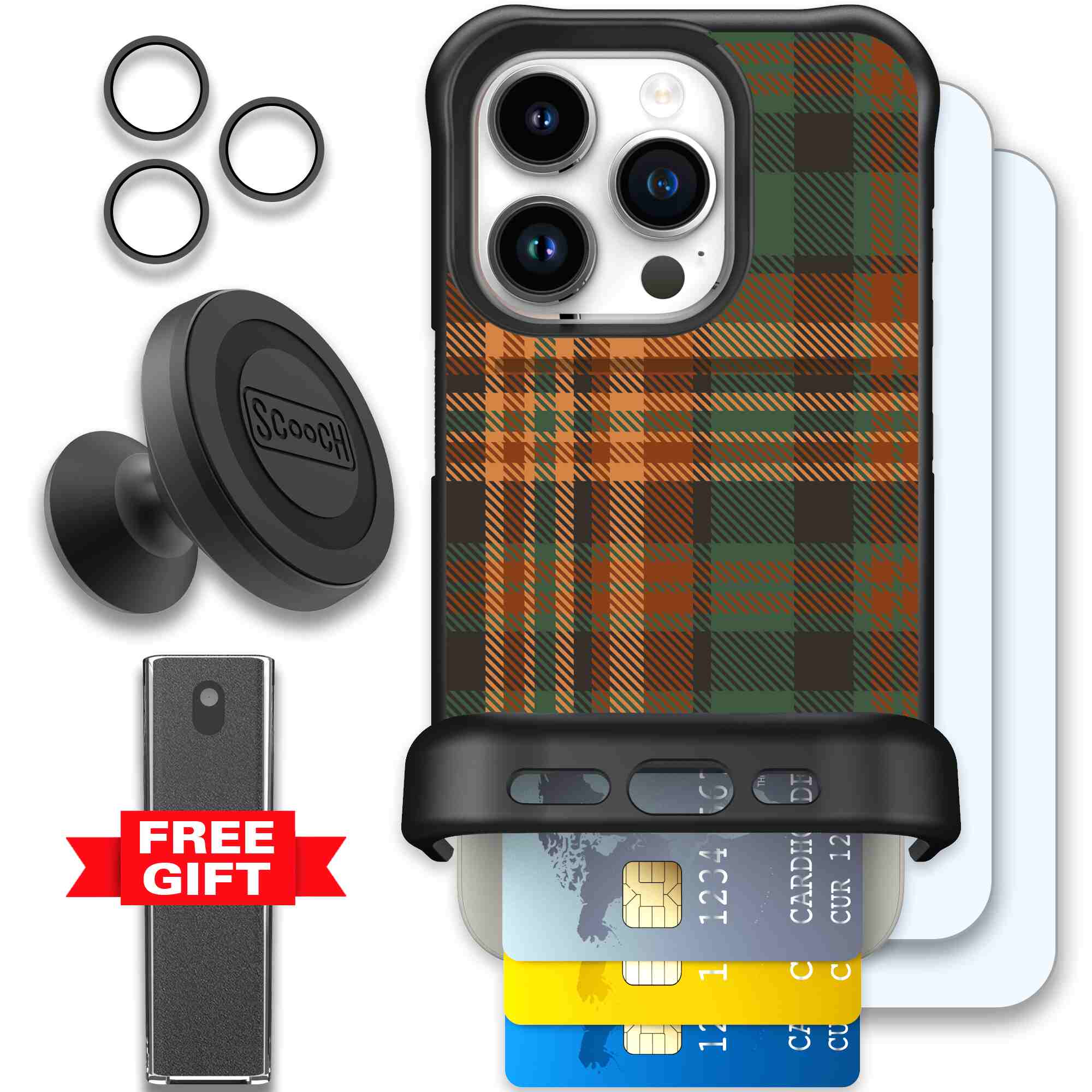 Fall Flannel orange and brown plaid pattern on a Scooch Wingmate case for iPhone 15 Pro - Defender Bundle