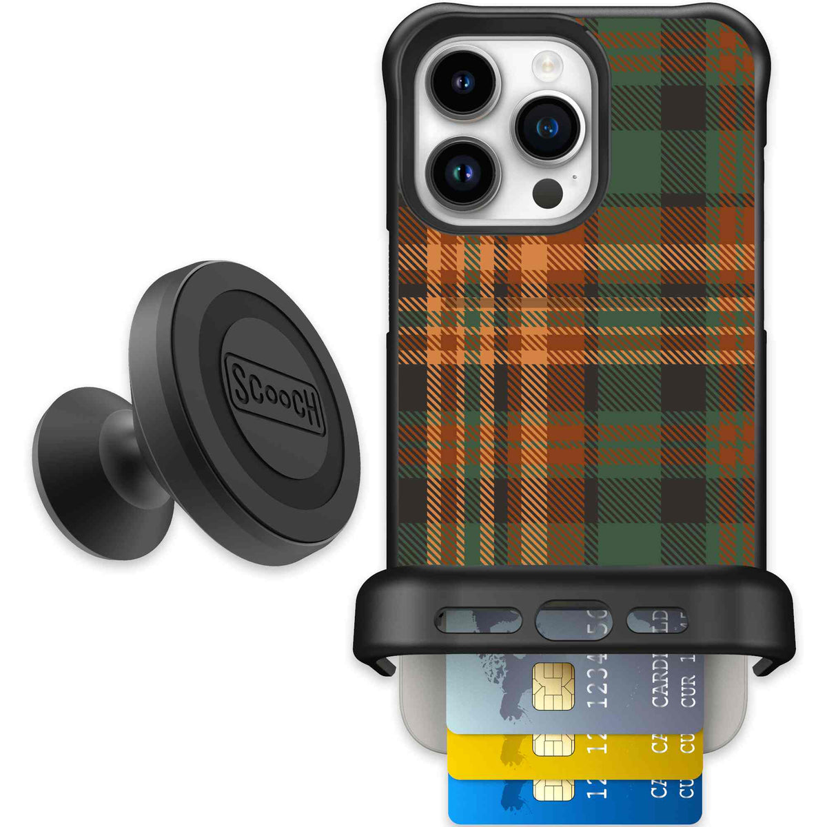 Fall Flannel orange and brown plaid pattern on a Scooch Wingmate case for iPhone 15 Pro Max - Starter Bundle