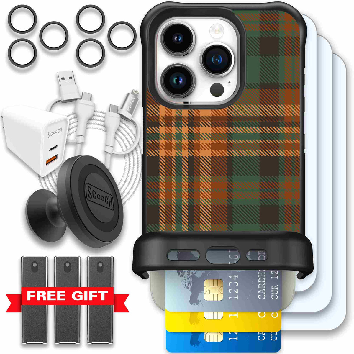 Fall Flannel orange and brown plaid pattern on a Scooch Wingmate case for iPhone 15 Pro - Ultimate Bundle