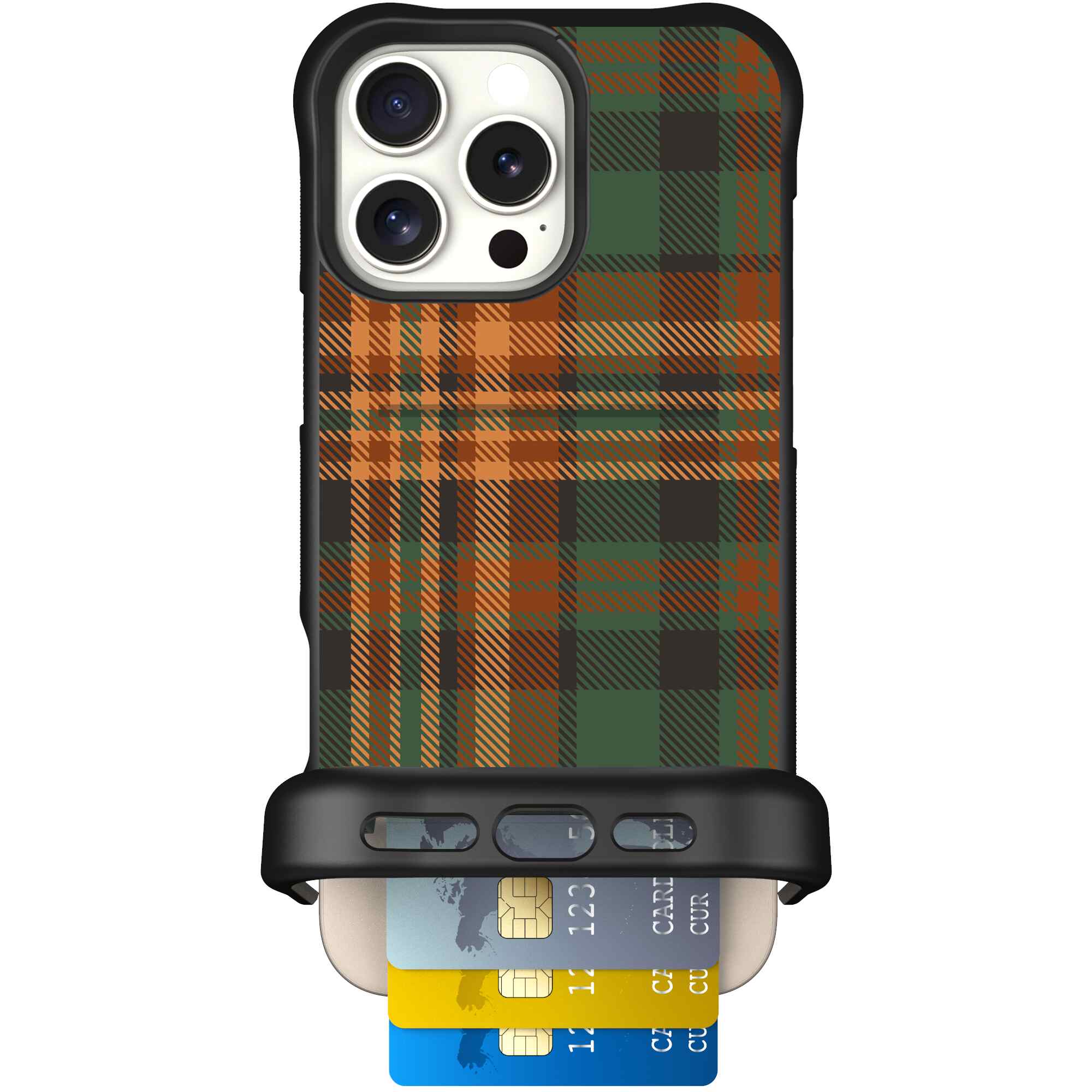 Fall Flannel orange and brown plaid pattern on a Scooch Wingmate case for iPhone 16 Pro Max