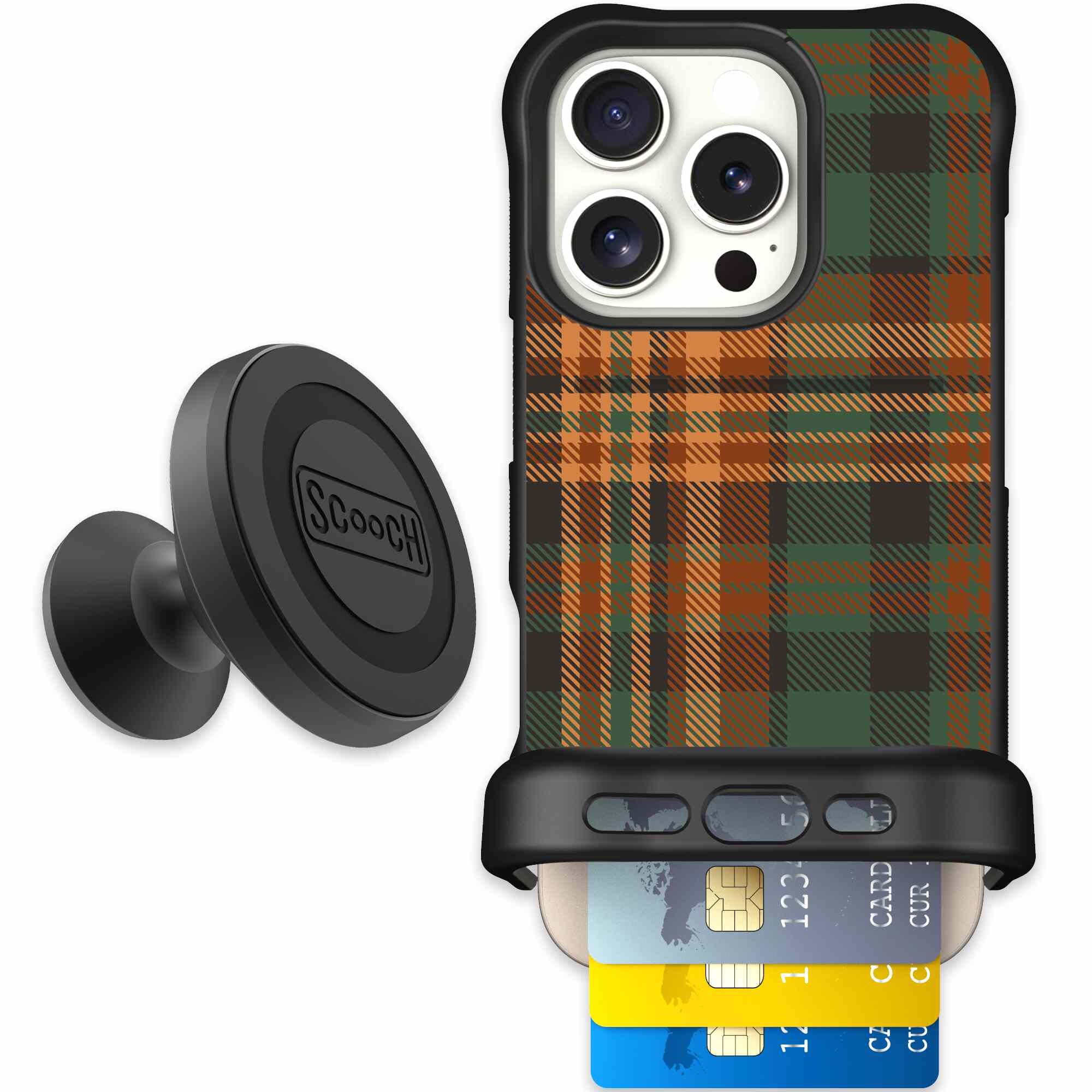 Fall Flannel orange and brown plaid pattern on a Scooch Wingmate case for iPhone 16 Pro - Starter Bundle