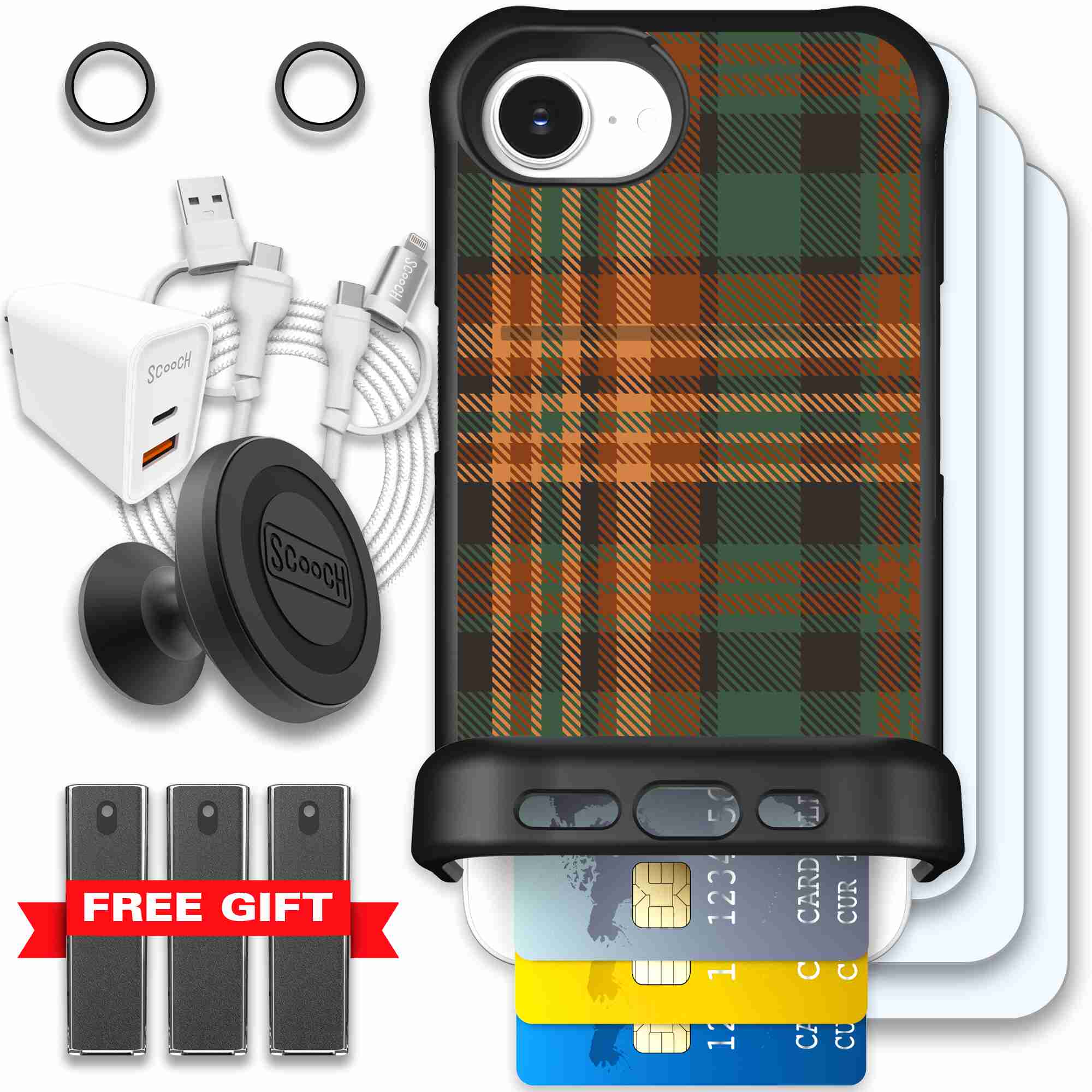 Fall Flannel orange and brown plaid pattern on a Scooch Wingmate case for iPhone 17e - Ultimate Bundle