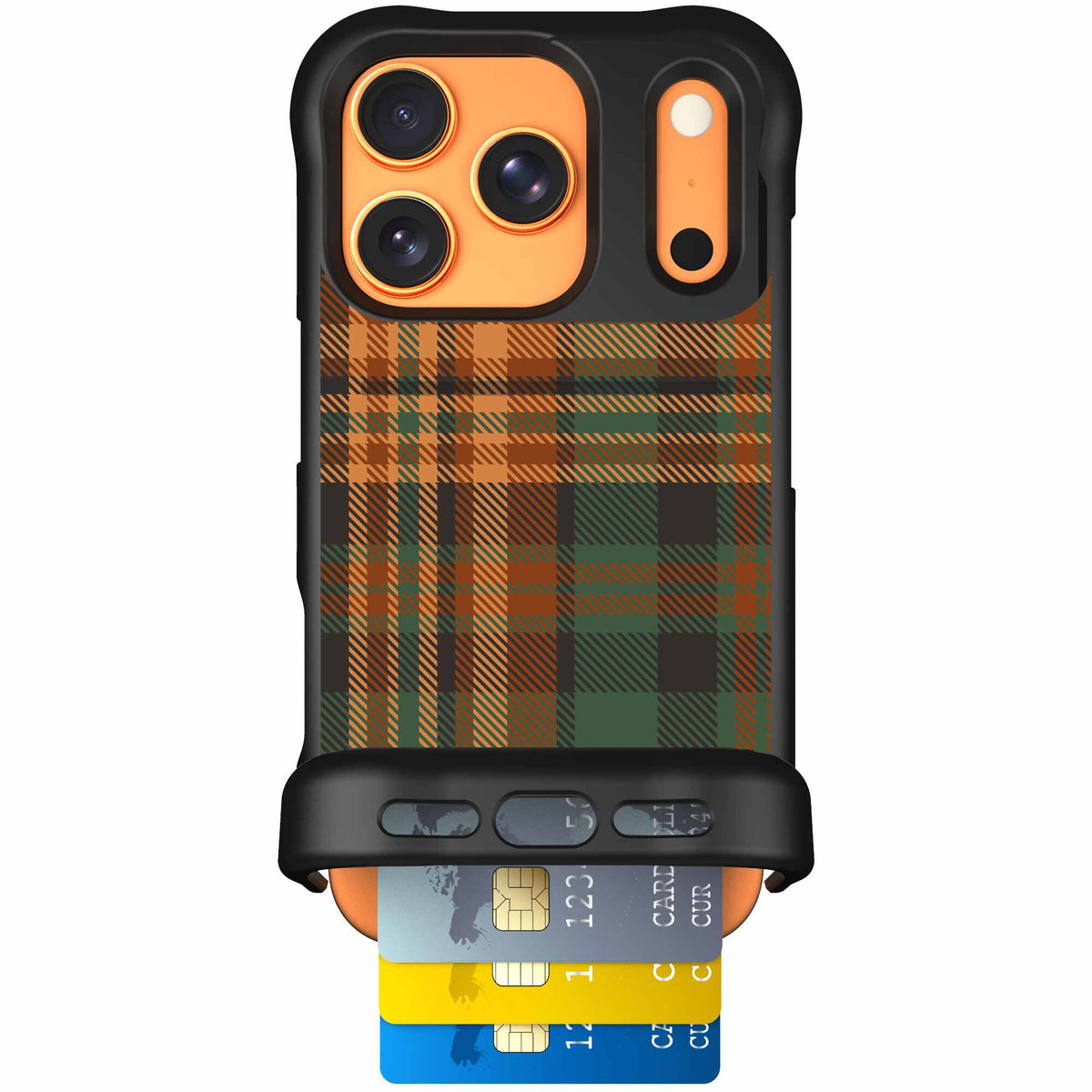 Fall Flannel orange and brown plaid pattern on a Scooch Wingmate case for iPhone 17 Pro