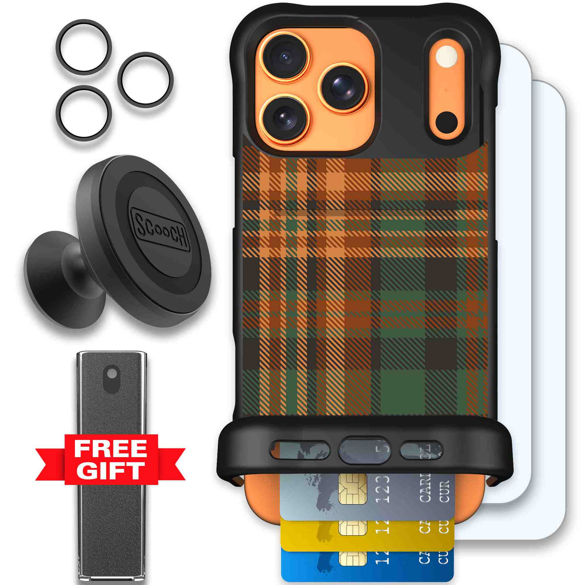 Fall Flannel orange and brown plaid pattern on a Scooch Wingmate case for iPhone 17 Pro Max - Defender Bundle