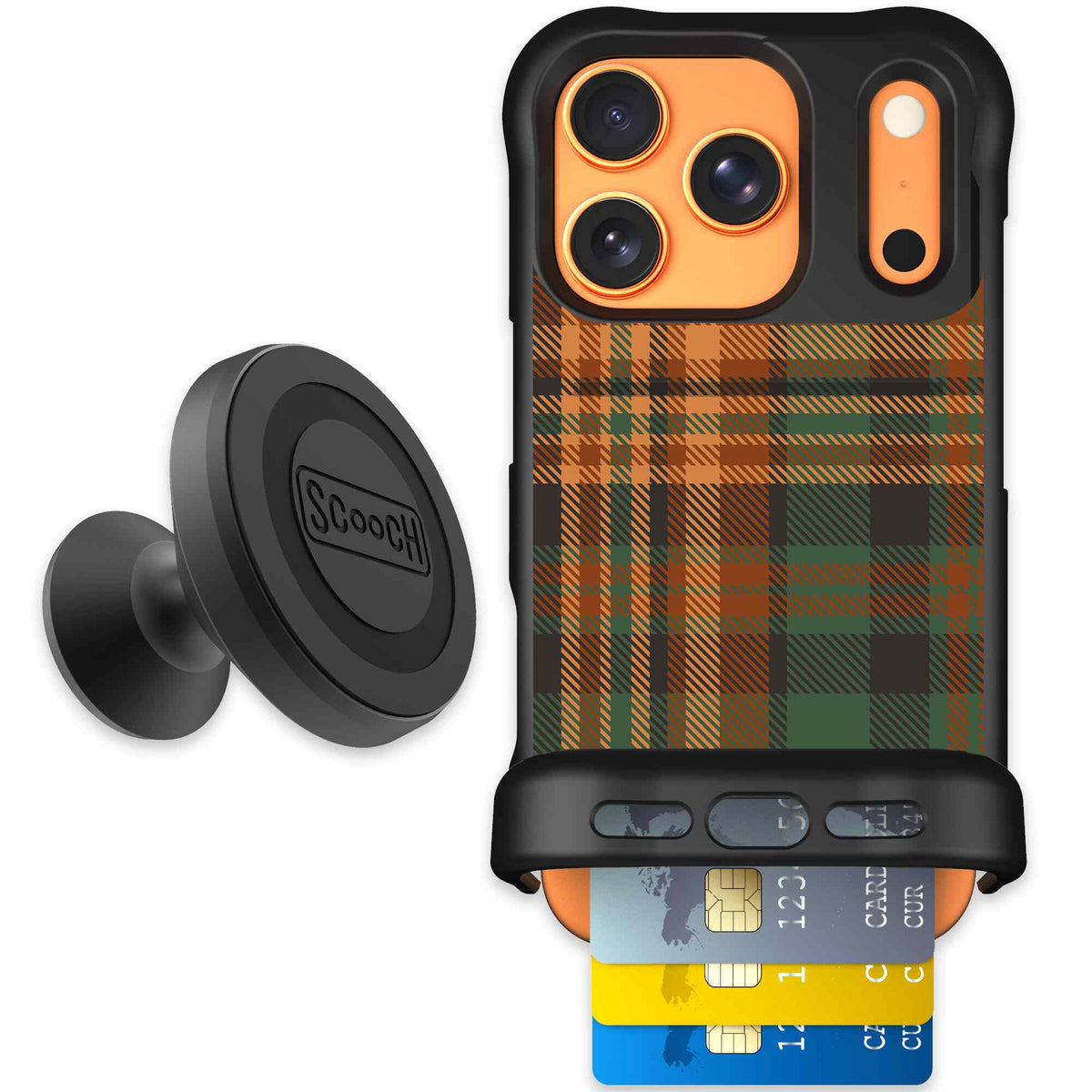 Fall Flannel orange and brown plaid pattern on a Scooch Wingmate case for iPhone 17 Pro - Starter Bundle