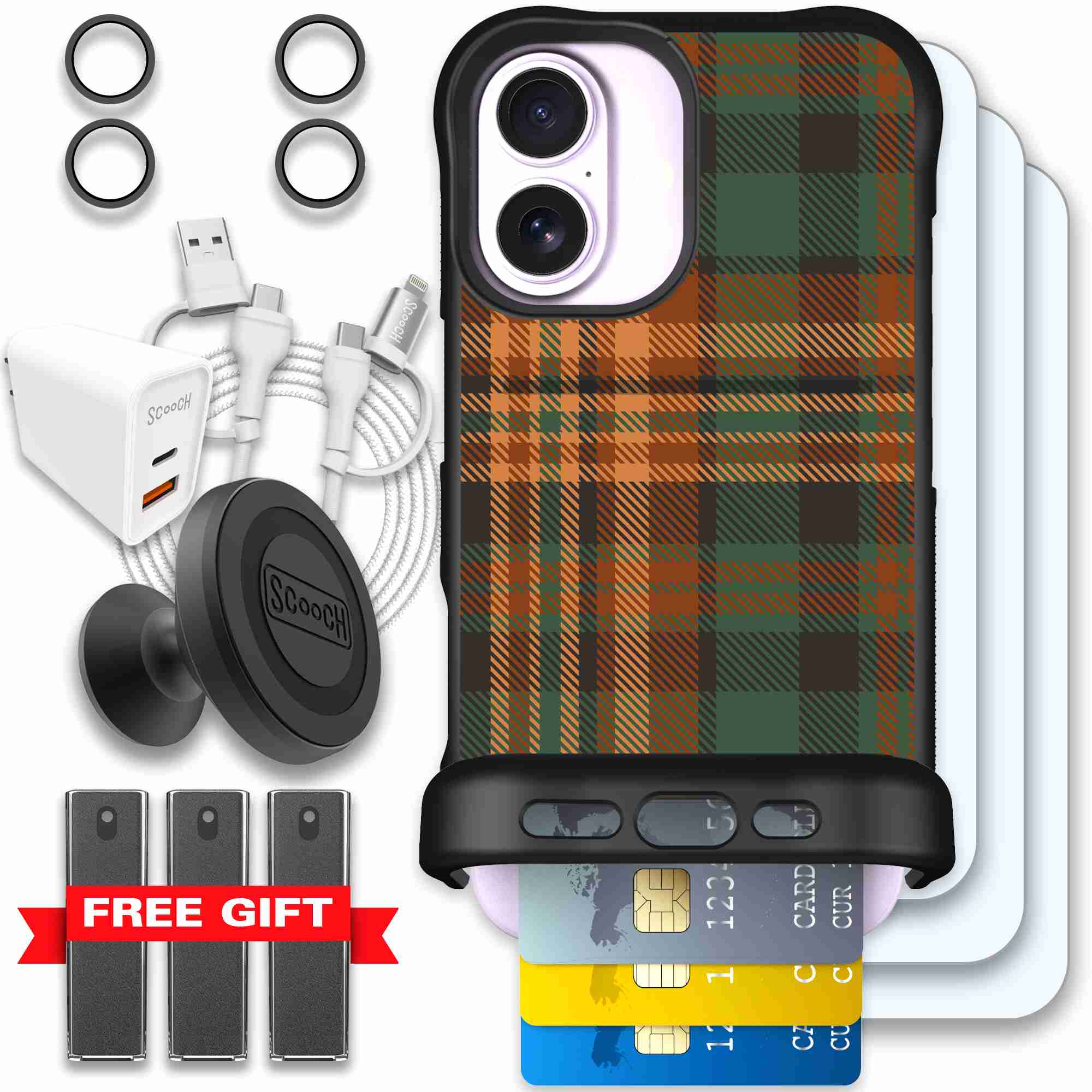 Fall Flannel orange and brown plaid pattern on a Scooch Wingmate case for iPhone 17 - Ultimate Bundle