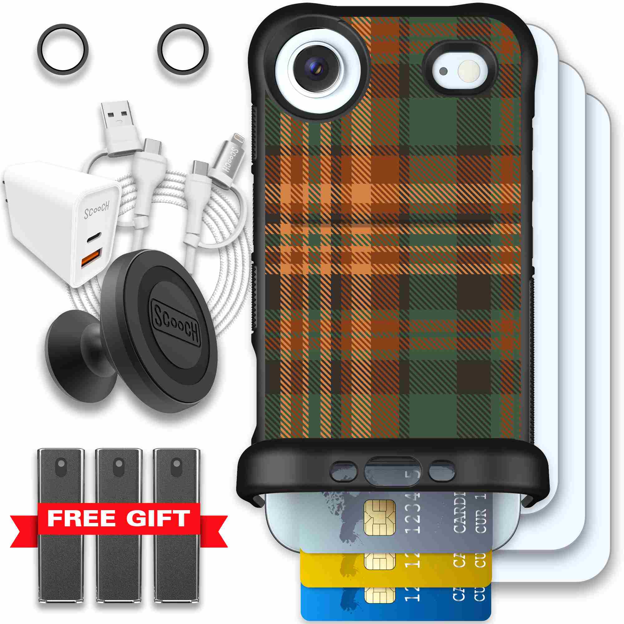 Fall Flannel orange and brown plaid pattern on a Scooch Wingmate case for iPhone Air - Ultimate Bundle