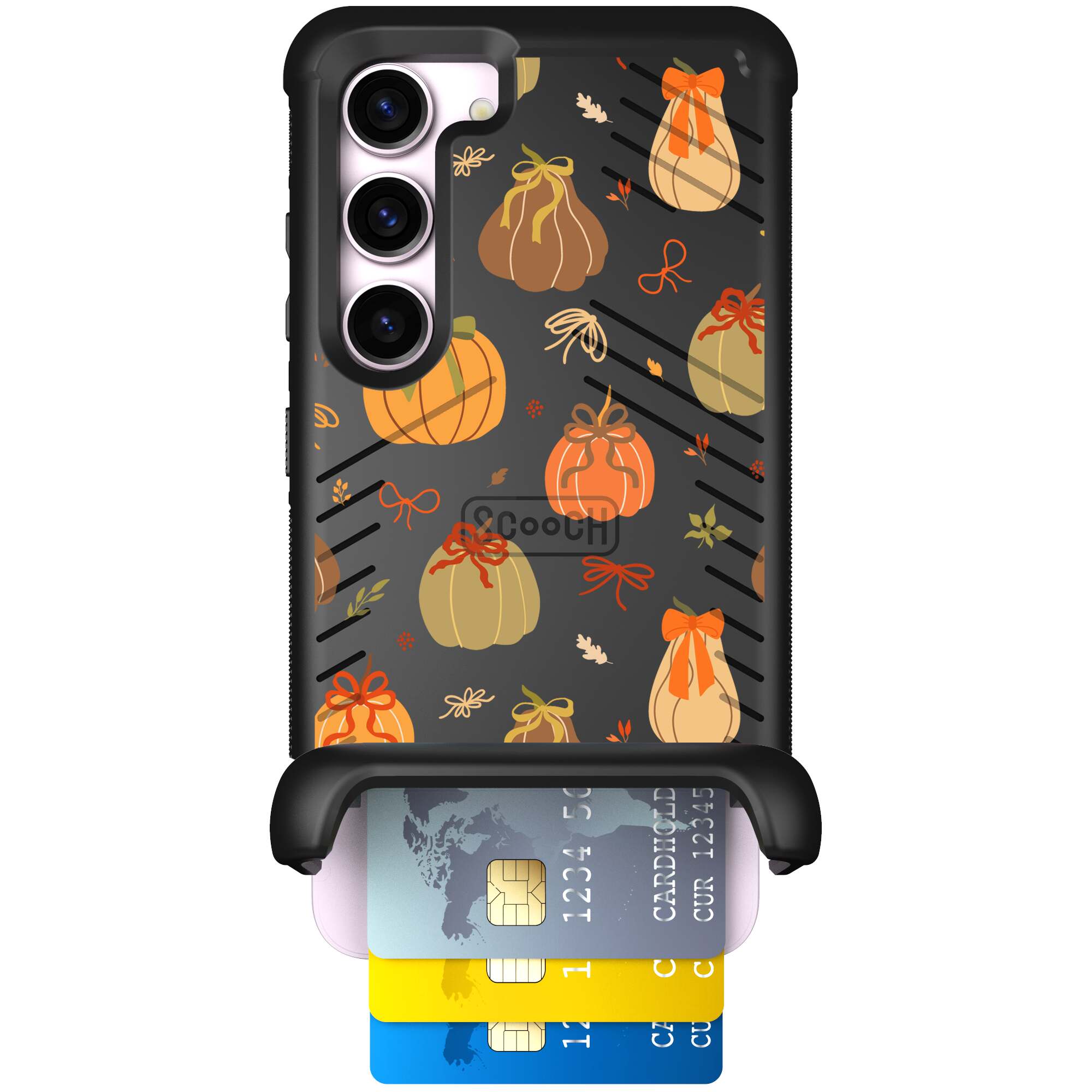 Pretty Pumpkins orange pumpkin and bow pattern on a Scooch Wingmate case for Galaxy S23
