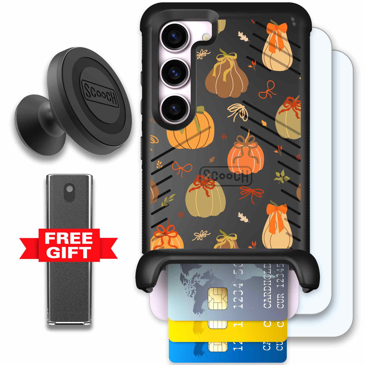 Pretty Pumpkins orange pumpkin and bow pattern on a Scooch Wingmate case for Galaxy S23 - Defender Bundle