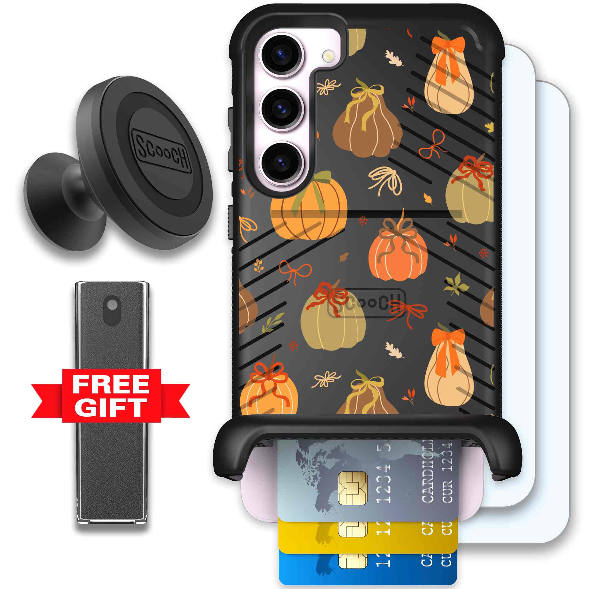 Pretty Pumpkins orange pumpkin and bow pattern on a Scooch Wingmate case for Galaxy S23+ - Defender Bundle