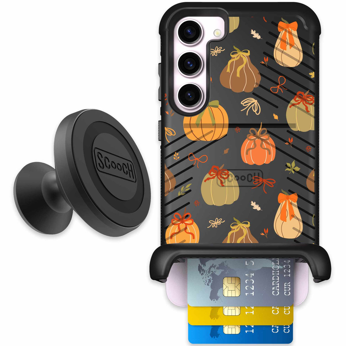 Pretty Pumpkins orange pumpkin and bow pattern on a Scooch Wingmate case for Galaxy S23+ - Starter Bundle