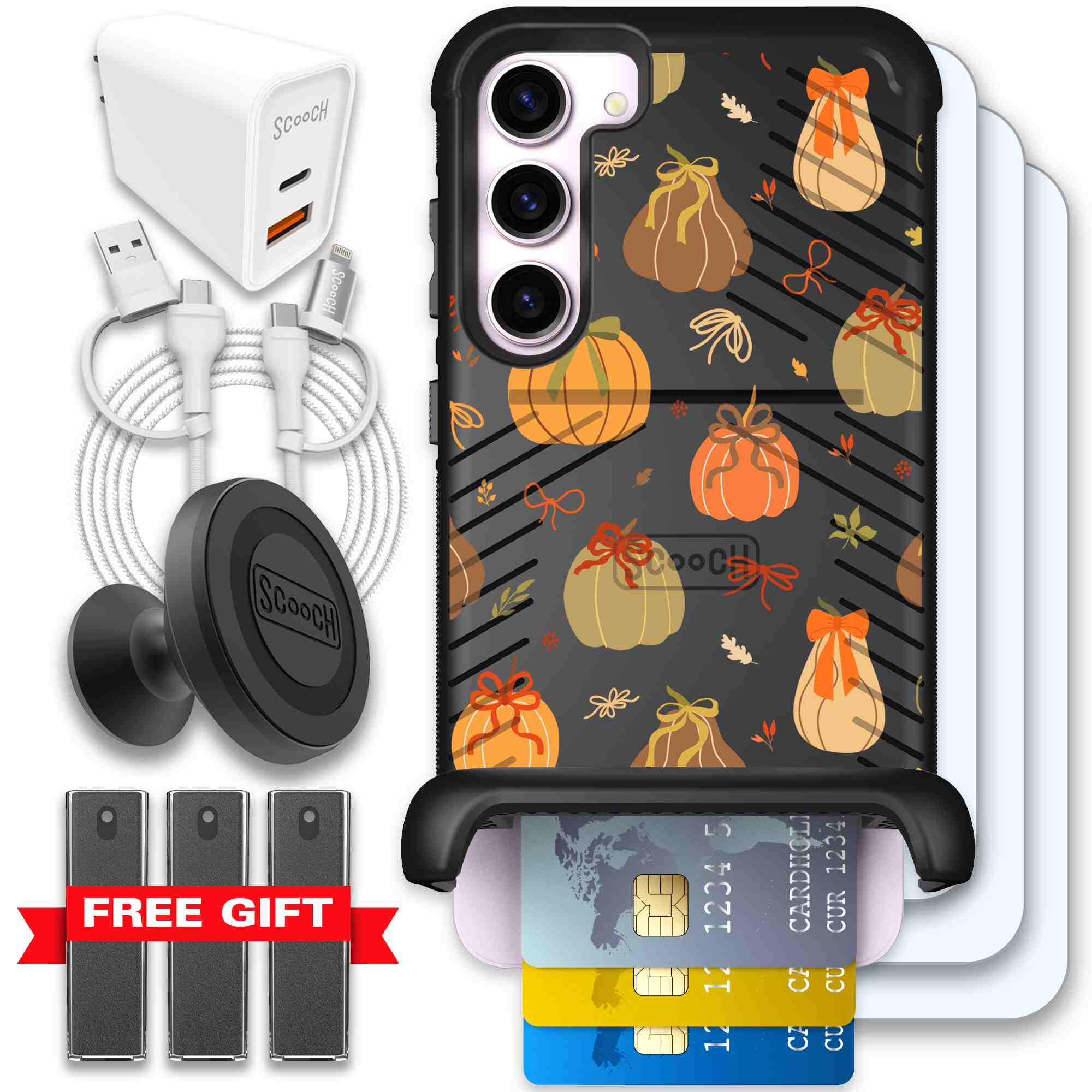 Pretty Pumpkins orange pumpkin and bow pattern on a Scooch Wingmate case for Galaxy S23+ - Ultimate Bundle