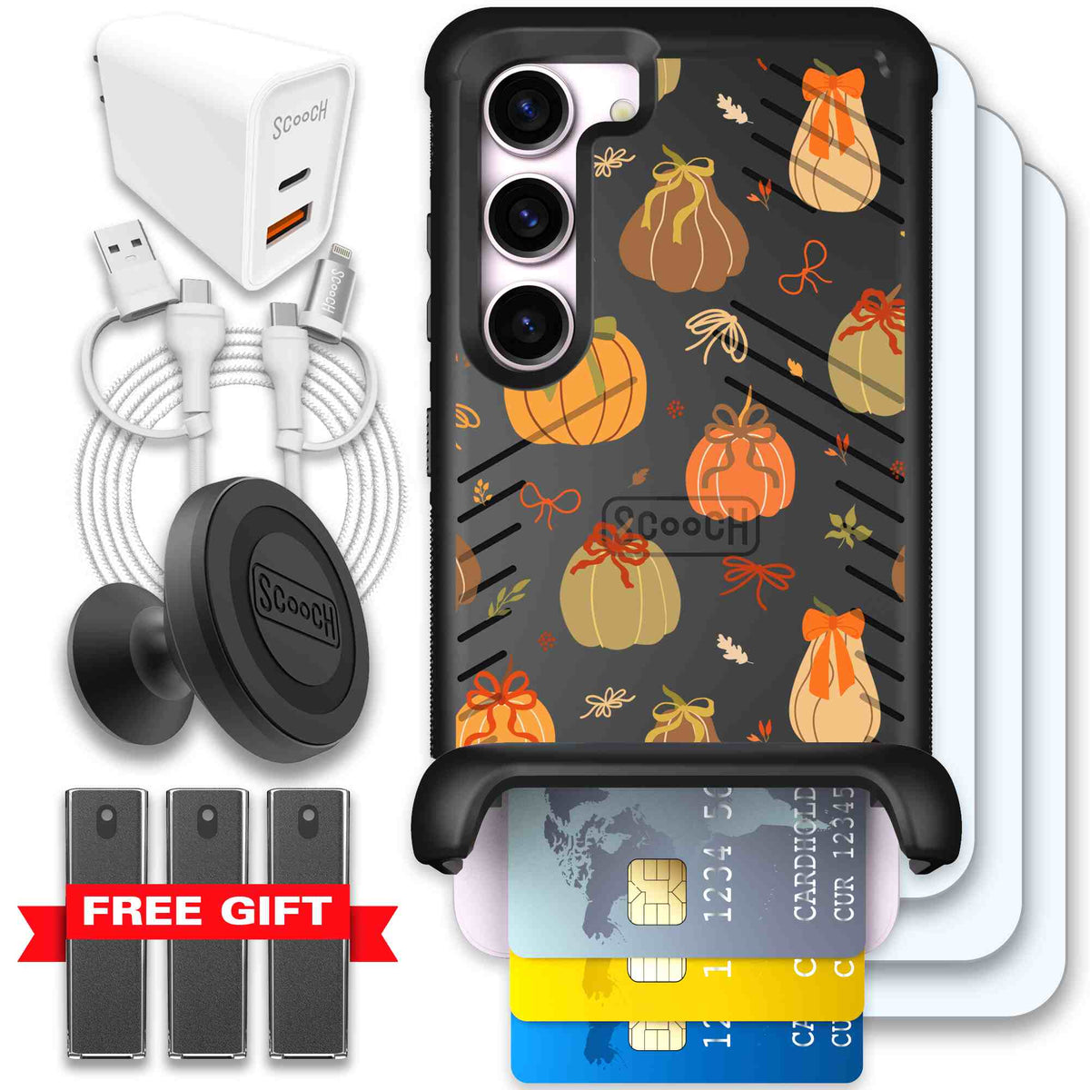 Pretty Pumpkins orange pumpkin and bow pattern on a Scooch Wingmate case for Galaxy S23 - Ultimate Bundle