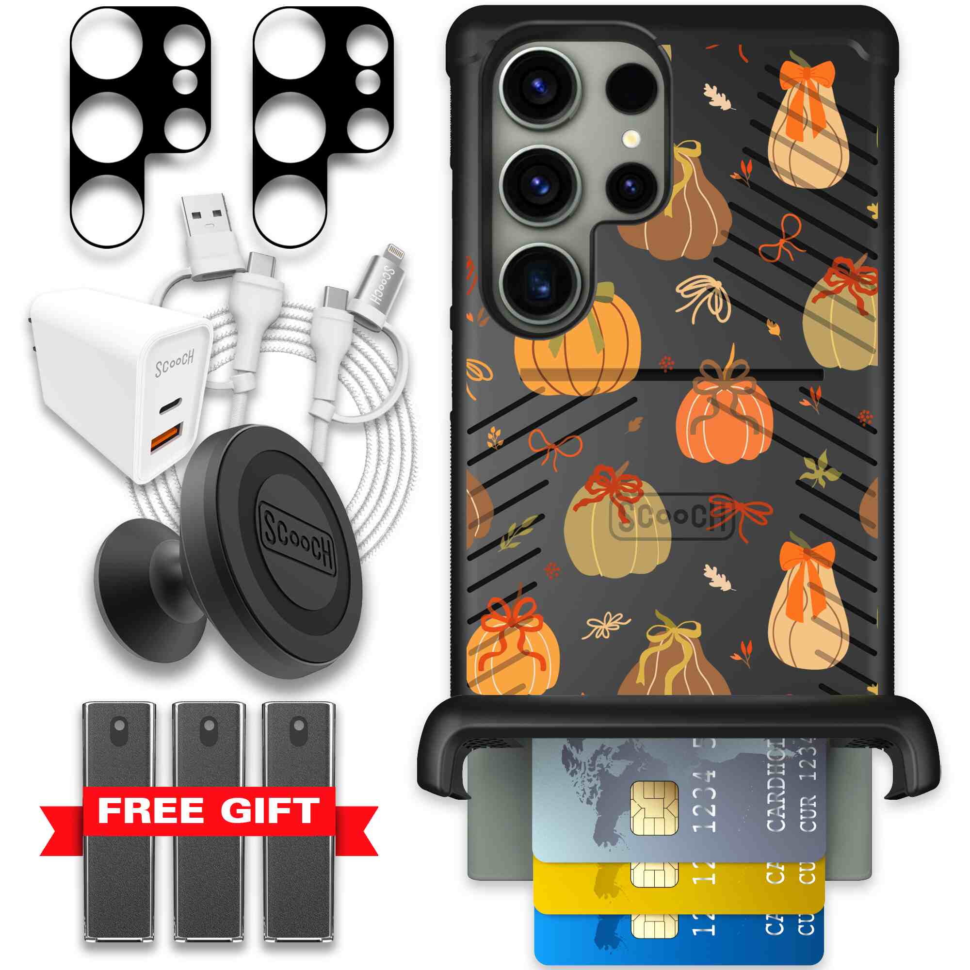 Pretty Pumpkins orange pumpkin and bow pattern on a Scooch Wingmate case for Galaxy S23 Ultra - Ultimate Bundle