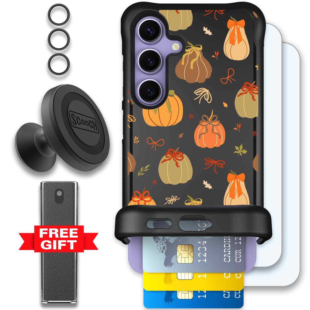 Pretty Pumpkins orange pumpkin and bow pattern on a Scooch Wingmate case for Galaxy S24 - Defender Bundle