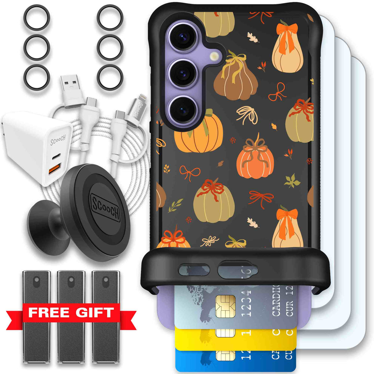 Pretty Pumpkins orange pumpkin and bow pattern on a Scooch Wingmate case for Galaxy S24 - Ultimate Bundle