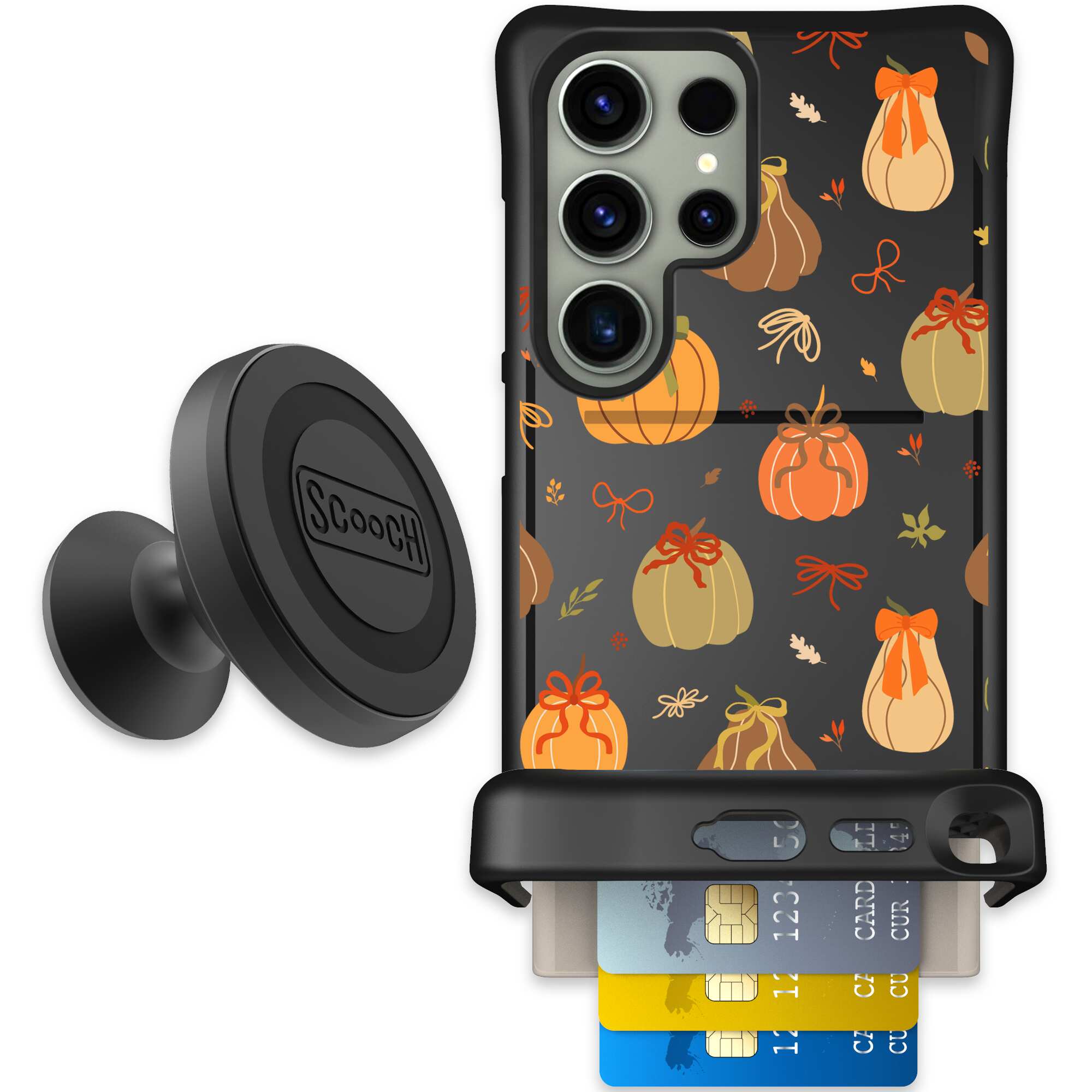 Pretty Pumpkins orange pumpkin and bow pattern on a Scooch Wingmate case for Galaxy S24 Ultra - Starter Bundle