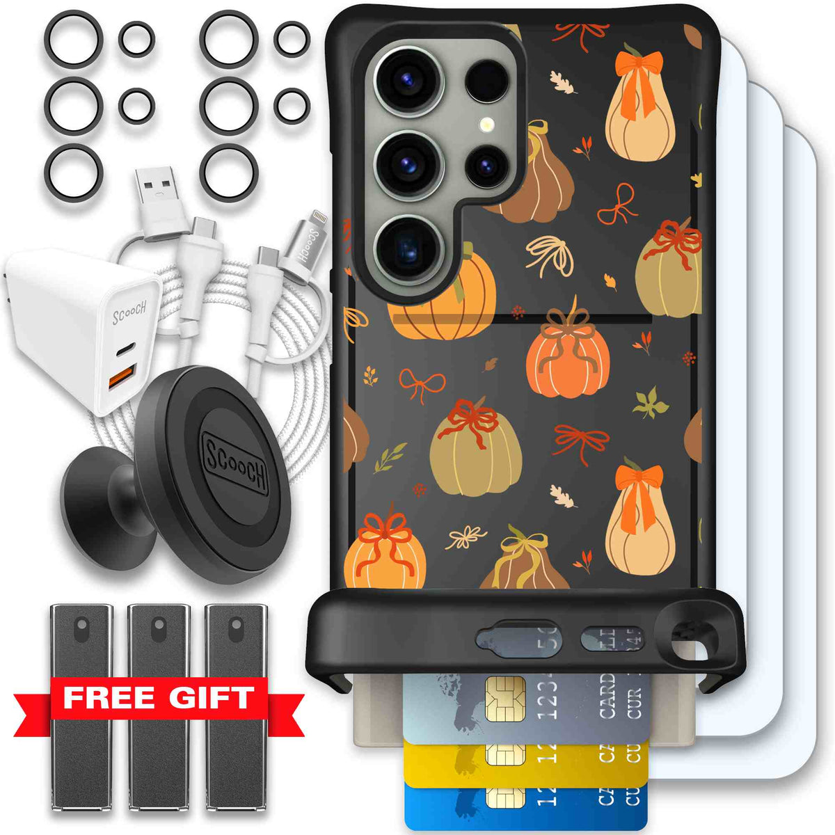 Pretty Pumpkins orange pumpkin and bow pattern on a Scooch Wingmate case for Galaxy S24 Ultra - Ultimate Bundle