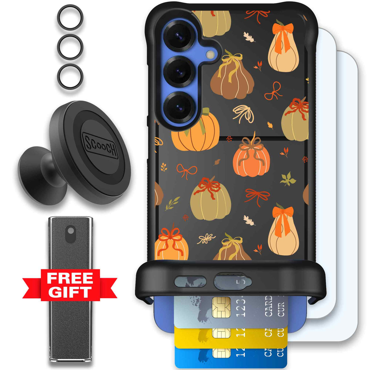 Pretty Pumpkins orange pumpkin and bow pattern on a Scooch Wingmate case for Galaxy S25+ - Defender Bundle