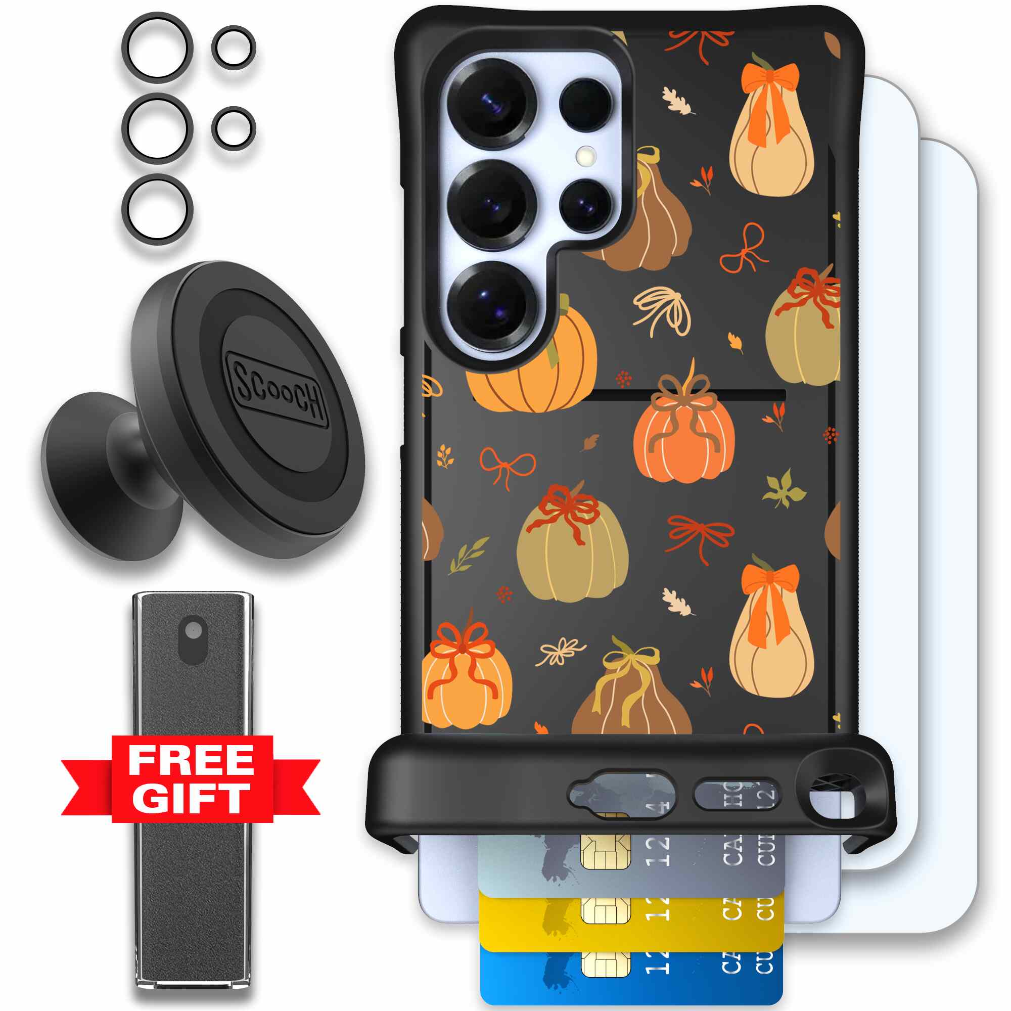 Pretty Pumpkins orange pumpkin and bow pattern on a Scooch Wingmate case for Galaxy S25 Ultra - Defender Bundle