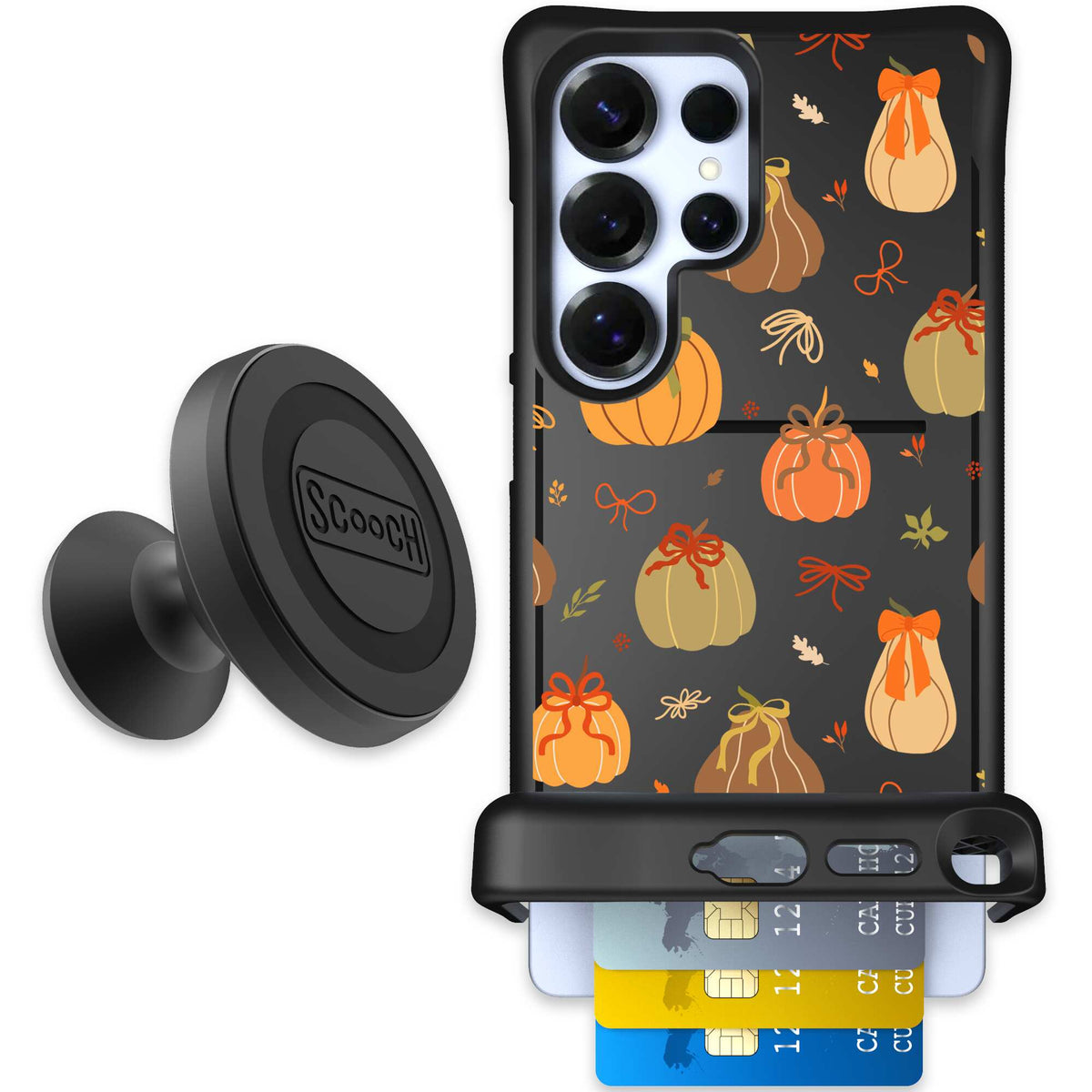 Pretty Pumpkins orange pumpkin and bow pattern on a Scooch Wingmate case for Galaxy S25 Ultra - Starter Bundle
