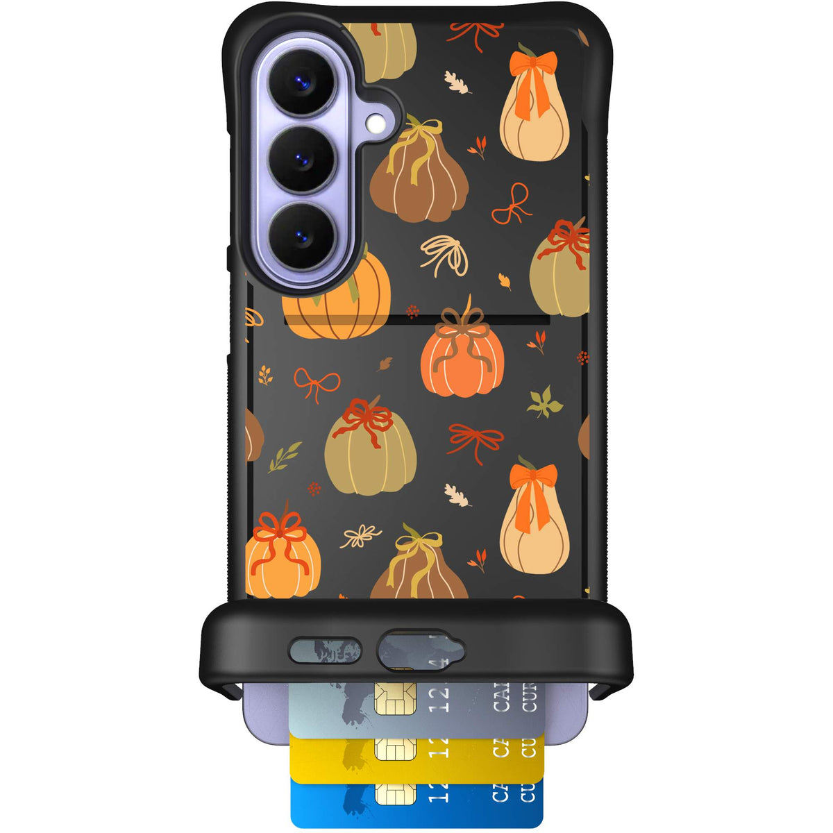 Pretty Pumpkins orange pumpkin and bow pattern on a Scooch Wingmate case for Galaxy S26+