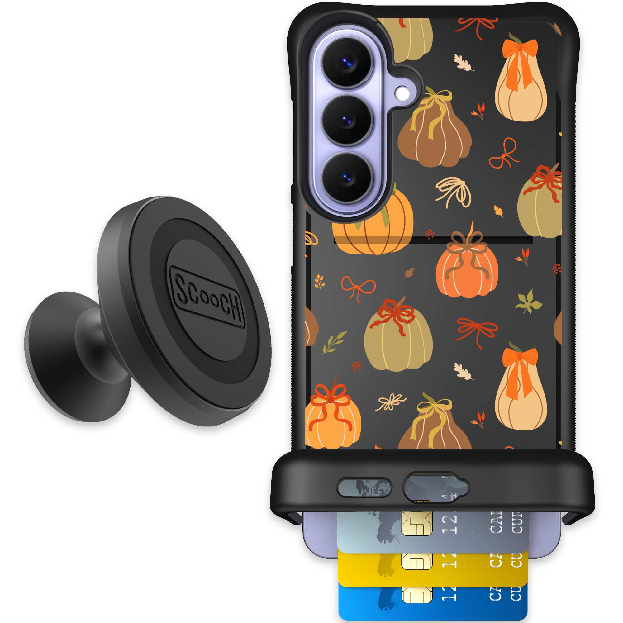 Pretty Pumpkins orange pumpkin and bow pattern on a Scooch Wingmate case for Galaxy S26+ - Starter Bundle