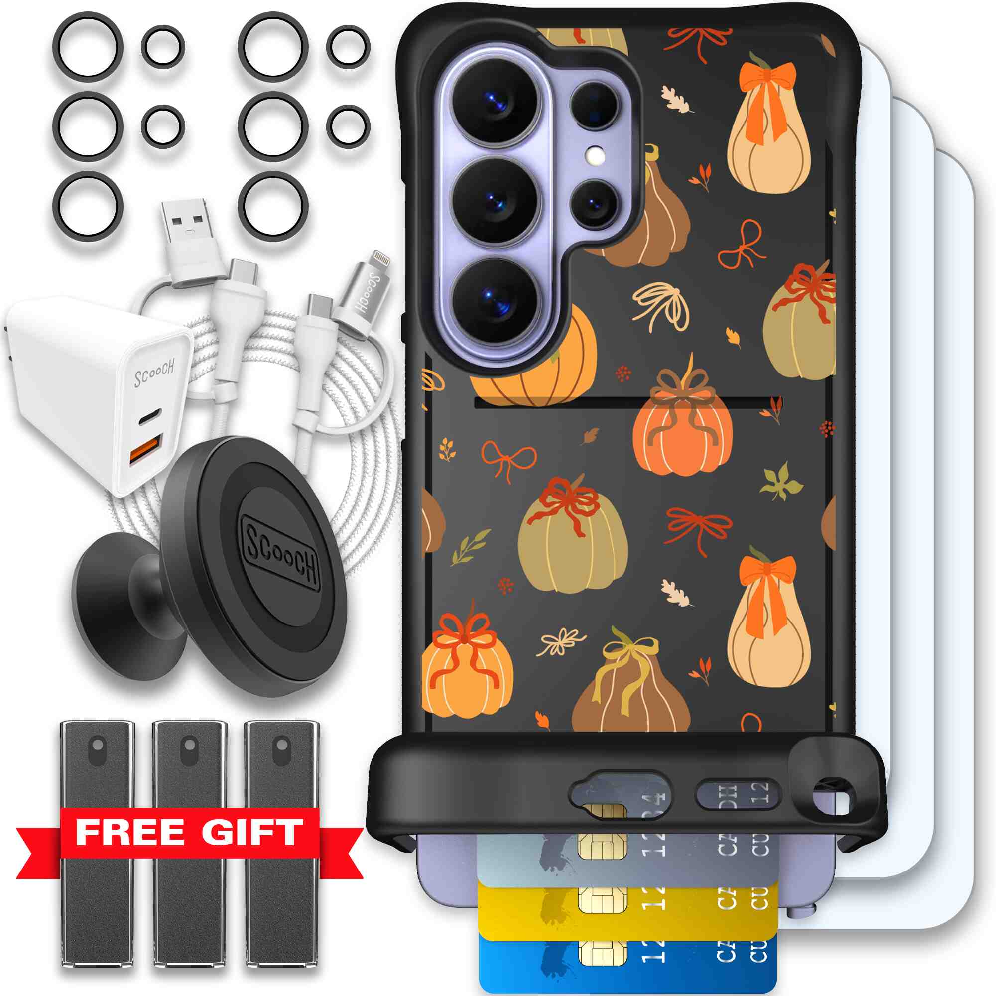 Pretty Pumpkins orange pumpkin and bow pattern on a Scooch Wingmate case for Galaxy S26 Ultra - Ultimate Bundle