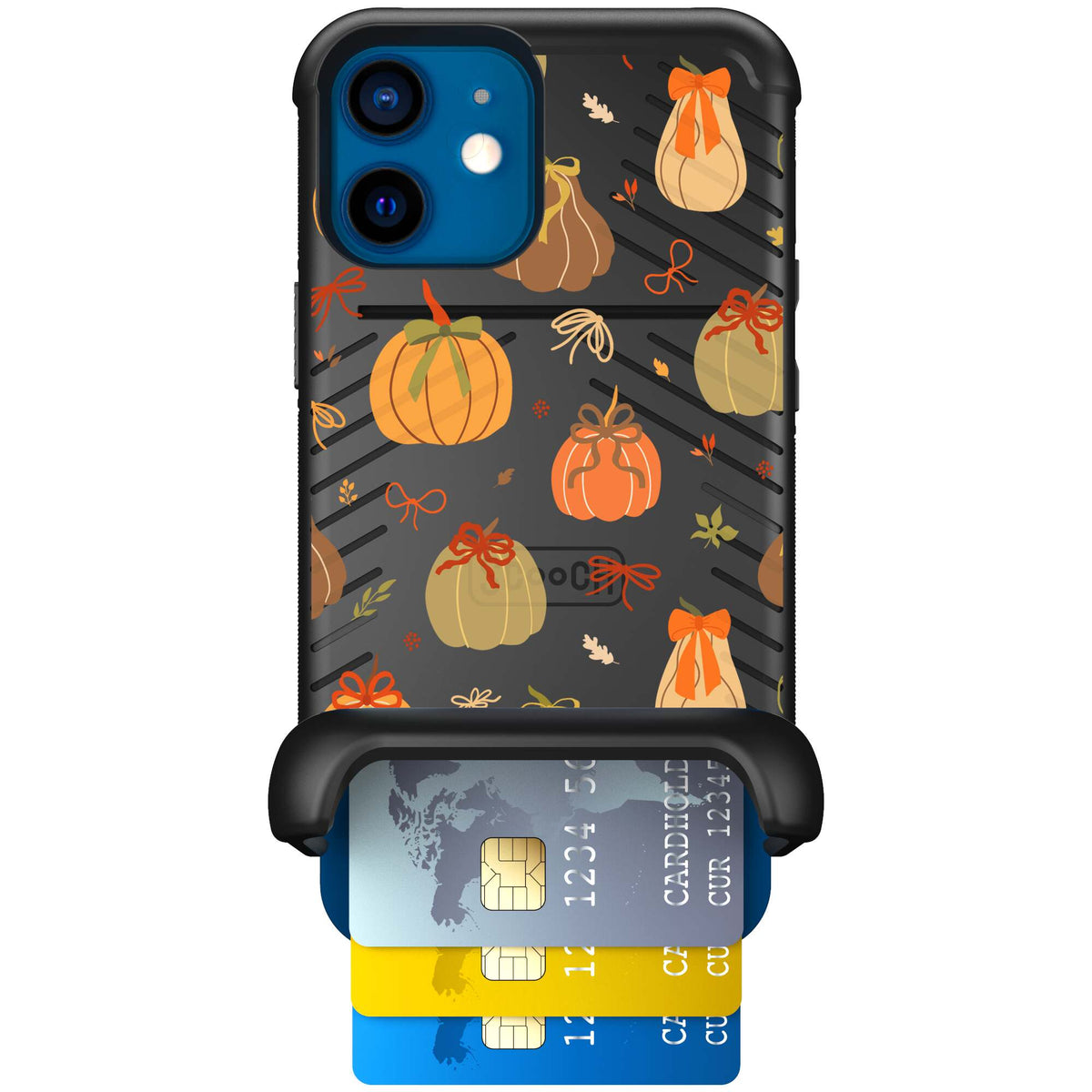 Pretty Pumpkins orange pumpkin and bow pattern on a Scooch Wingmate case for iPhone 12 mini