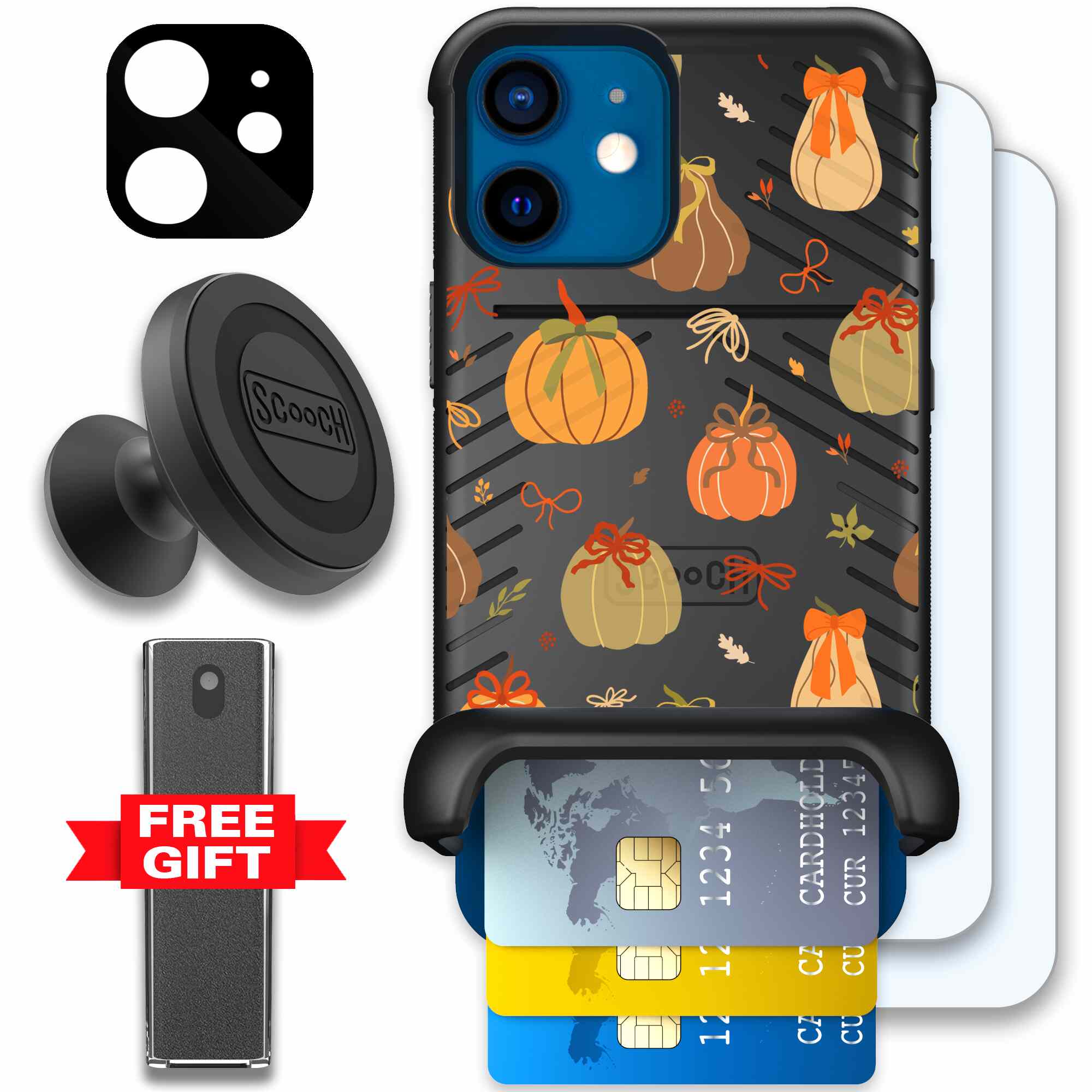 Pretty Pumpkins orange pumpkin and bow pattern on a Scooch Wingmate case for iPhone 12 mini - Defender Bundle
