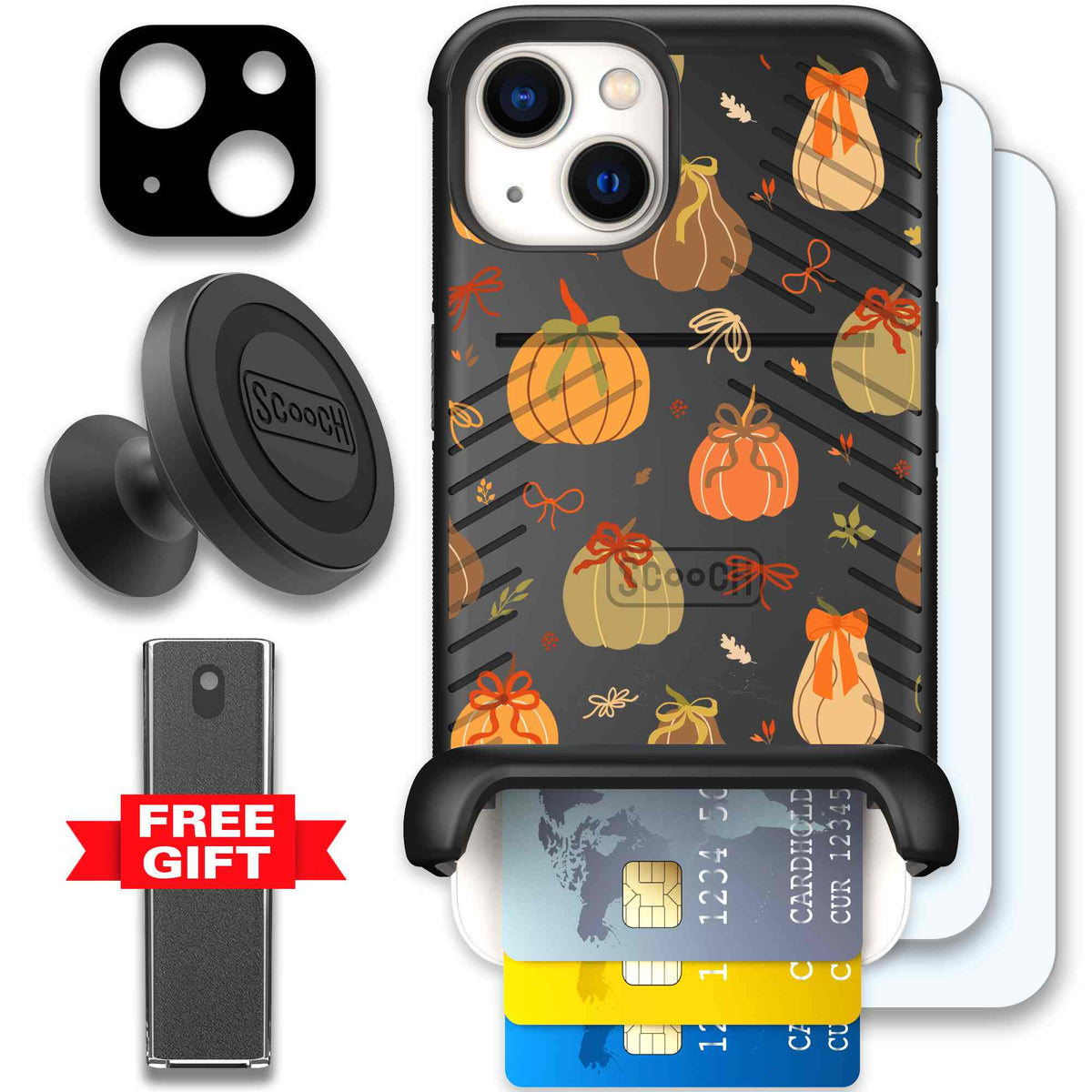 Pretty Pumpkins orange pumpkin and bow pattern on a Scooch Wingmate case for iPhone 13 - Defender Bundle