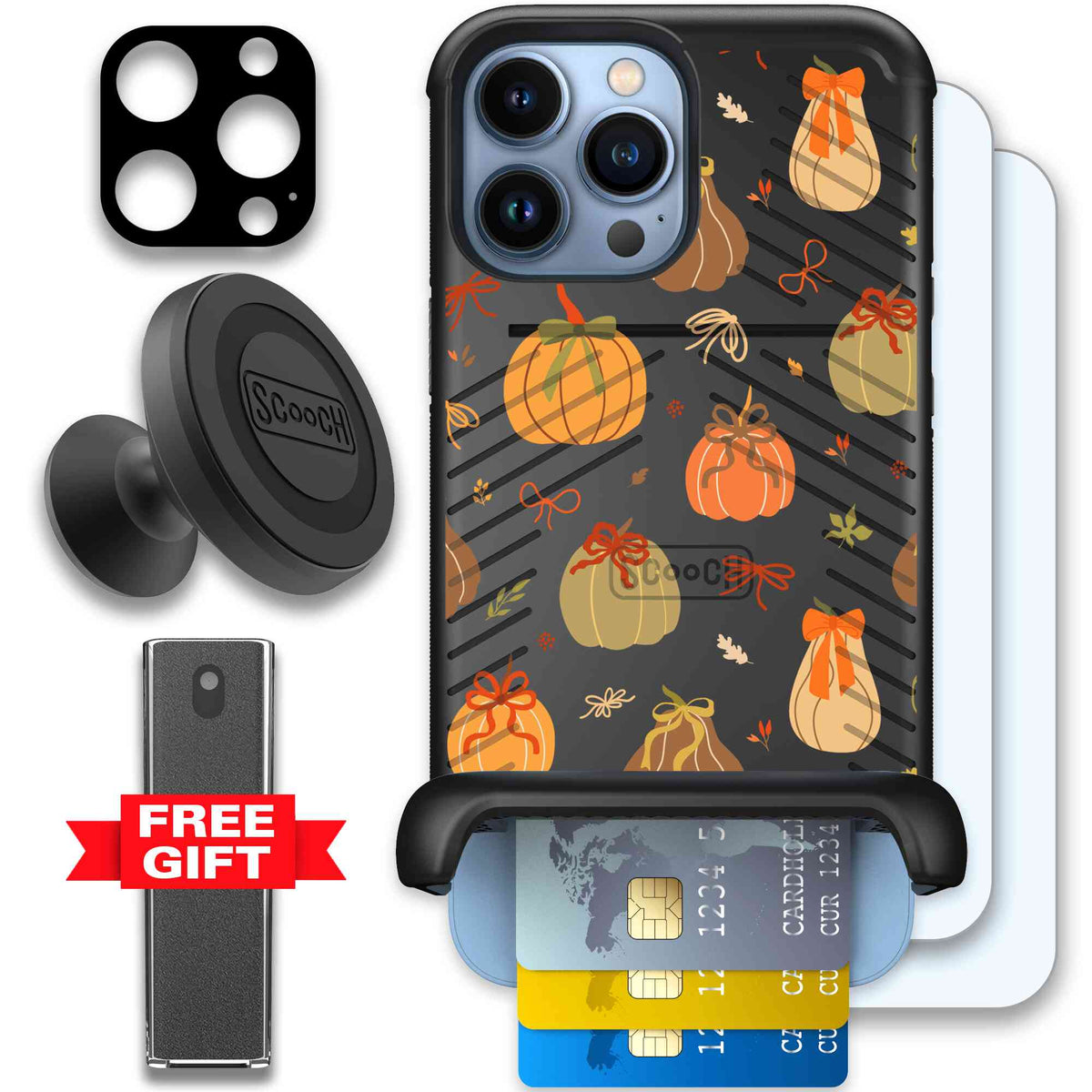 Pretty Pumpkins orange pumpkin and bow pattern on a Scooch Wingmate case for iPhone 13 Pro Max - Defender Bundle