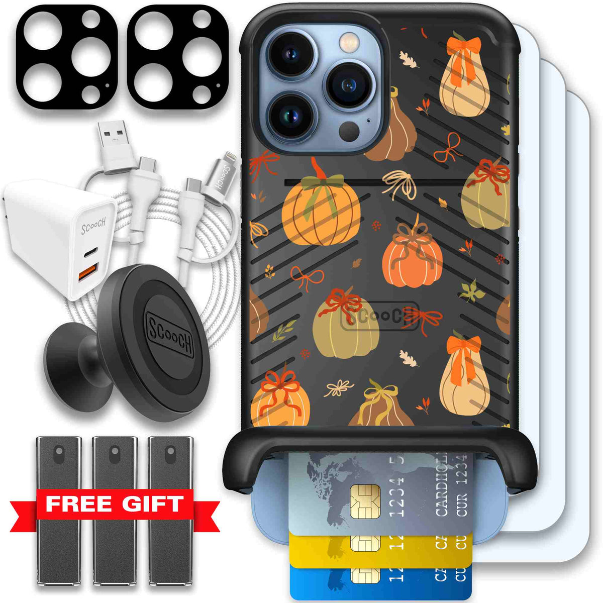 Pretty Pumpkins orange pumpkin and bow pattern on a Scooch Wingmate case for iPhone 13 Pro Max - Ultimate Bundle