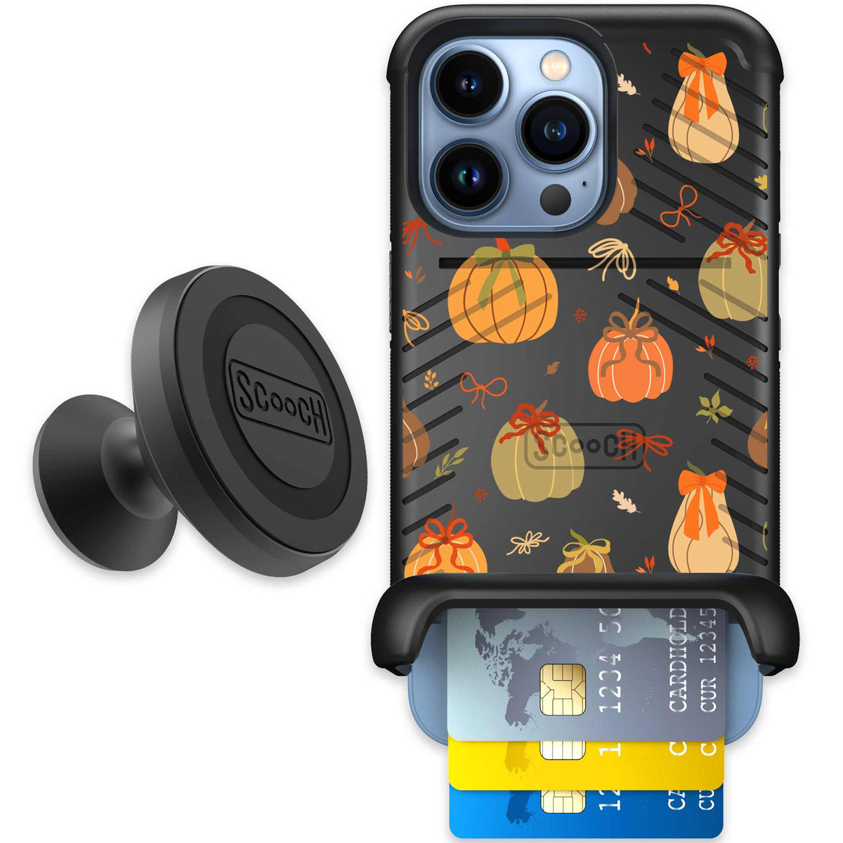 Pretty Pumpkins orange pumpkin and bow pattern on a Scooch Wingmate case for iPhone 13 Pro - Starter Bundle