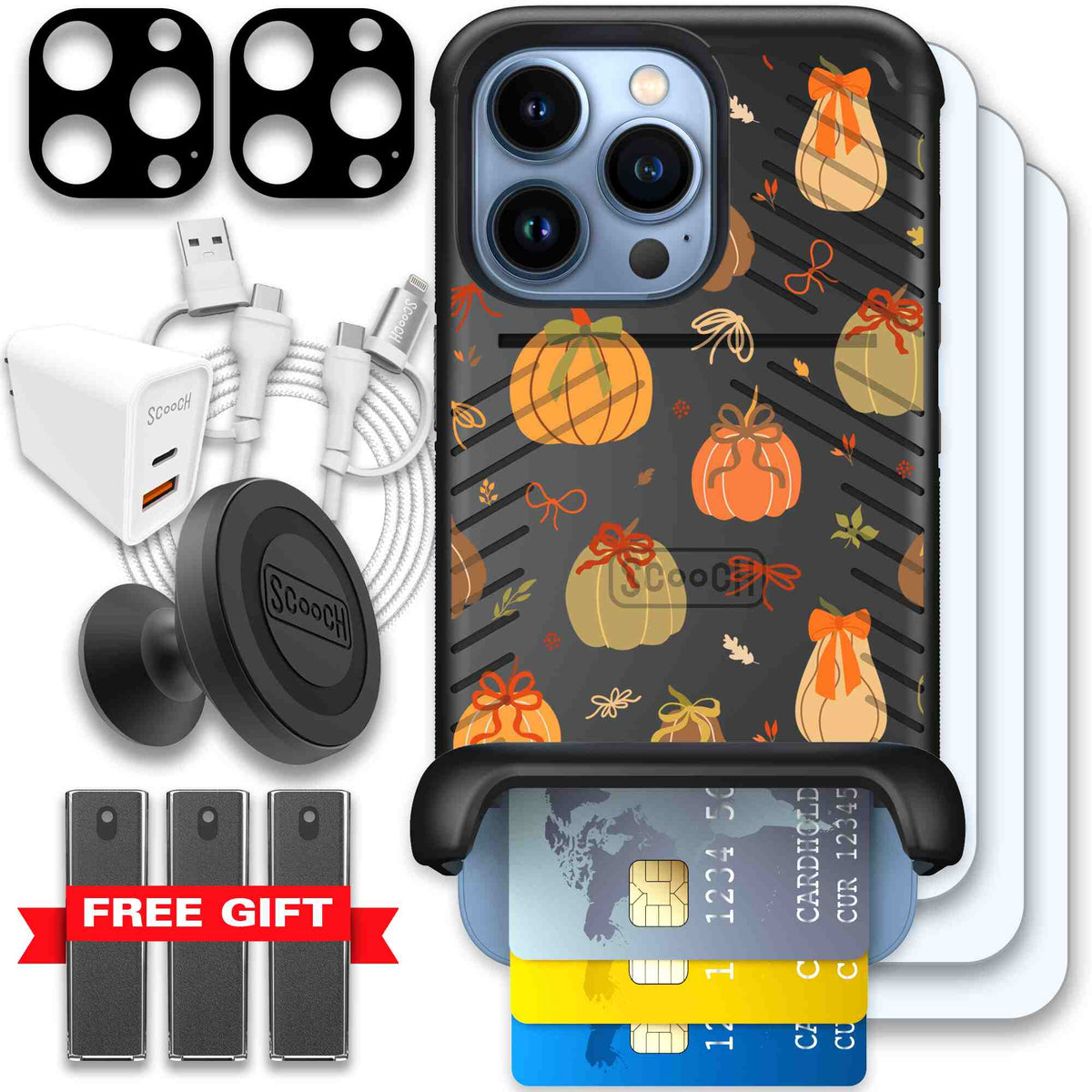 Pretty Pumpkins orange pumpkin and bow pattern on a Scooch Wingmate case for iPhone 13 Pro - Ultimate Bundle