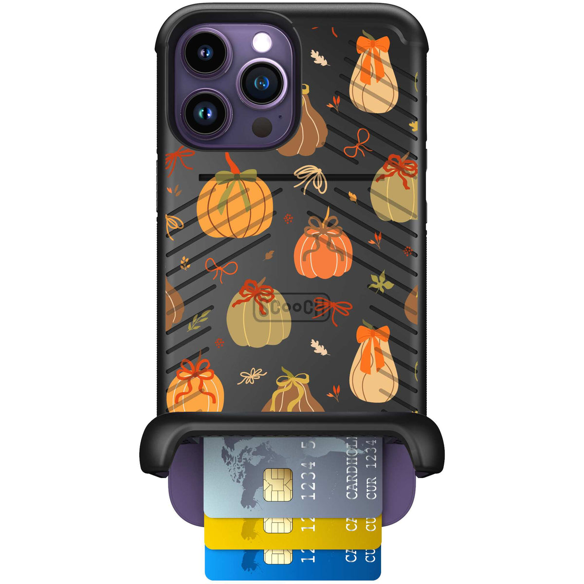 Pretty Pumpkins orange pumpkin and bow pattern on a Scooch Wingmate case for iPhone 14 Pro Max