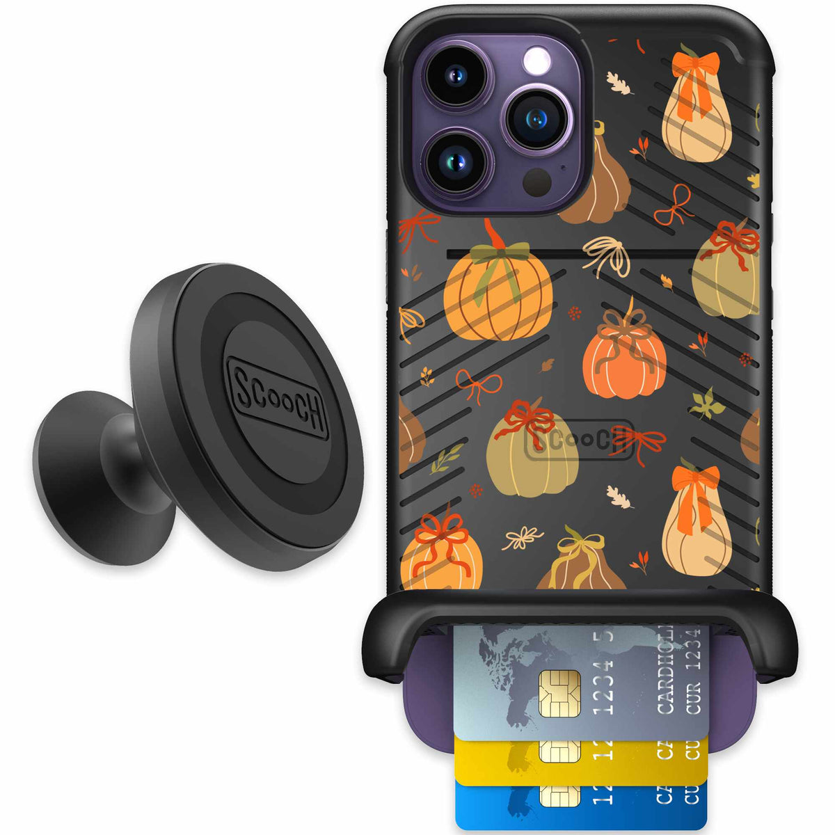 Pretty Pumpkins orange pumpkin and bow pattern on a Scooch Wingmate case for iPhone 14 Pro Max - Starter Bundle