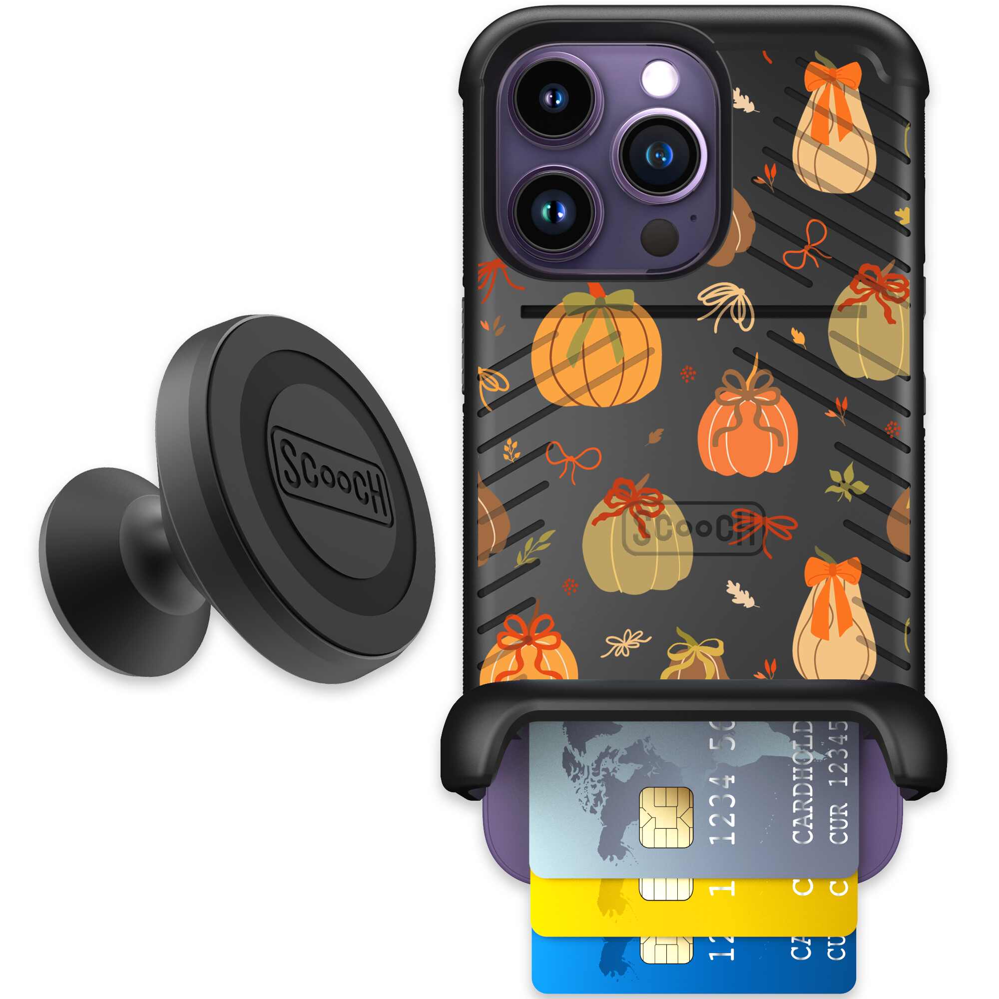 Pretty Pumpkins orange pumpkin and bow pattern on a Scooch Wingmate case for iPhone 14 Pro - Starter Bundle