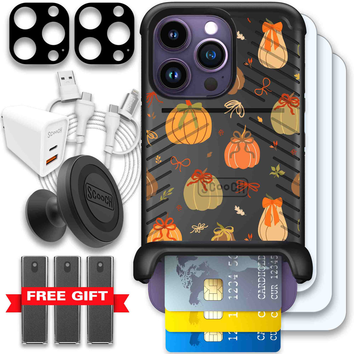 Pretty Pumpkins orange pumpkin and bow pattern on a Scooch Wingmate case for iPhone 14 Pro - Ultimate Bundle