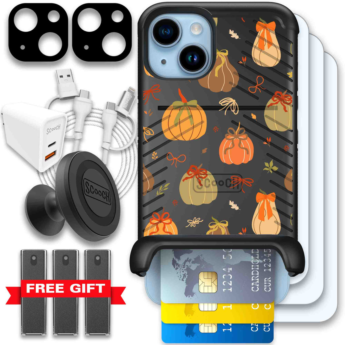Pretty Pumpkins orange pumpkin and bow pattern on a Scooch Wingmate case for iPhone 14 - Ultimate Bundle