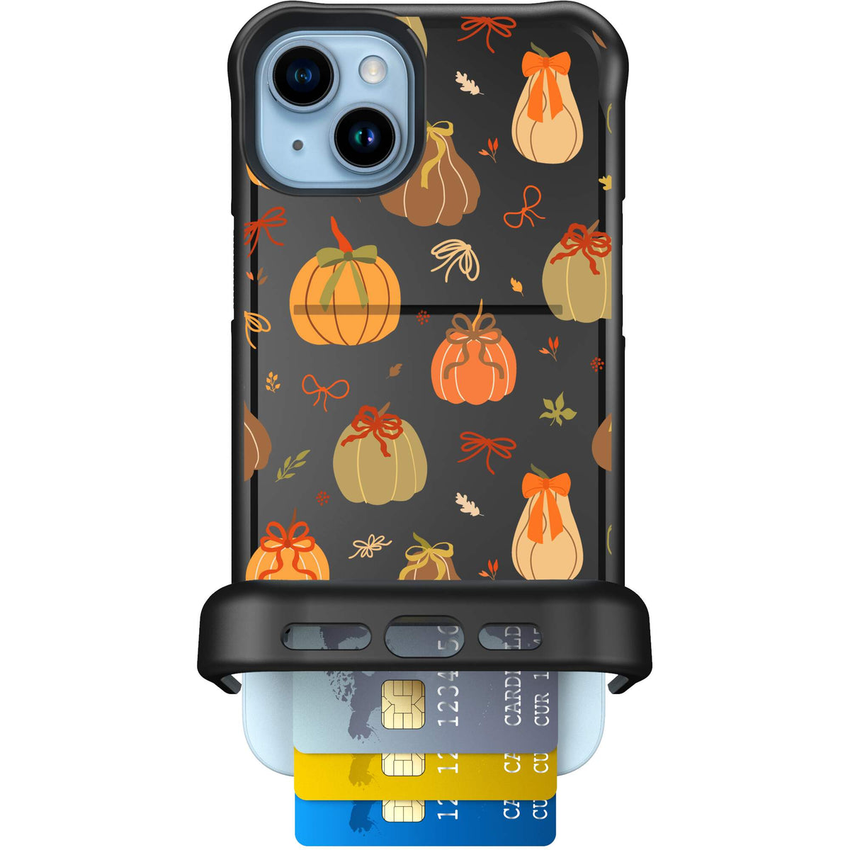 Pretty Pumpkins orange pumpkin and bow pattern on a Scooch Wingmate case for iPhone 15 Plus