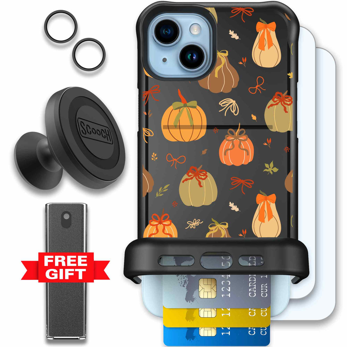 Pretty Pumpkins orange pumpkin and bow pattern on a Scooch Wingmate case for iPhone 15 Plus - Defender Bundle