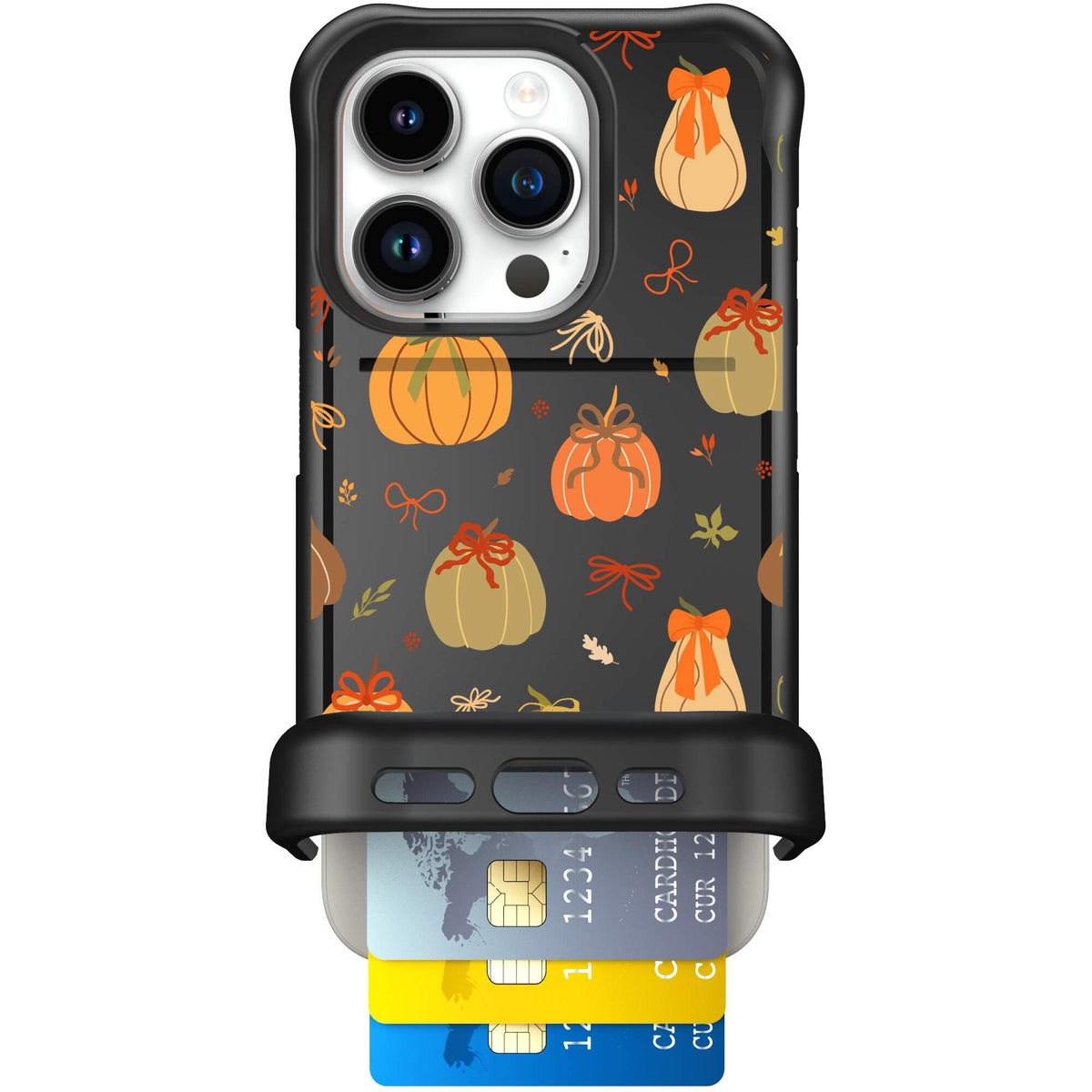 Pretty Pumpkins orange pumpkin and bow pattern on a Scooch Wingmate case for iPhone 15 Pro