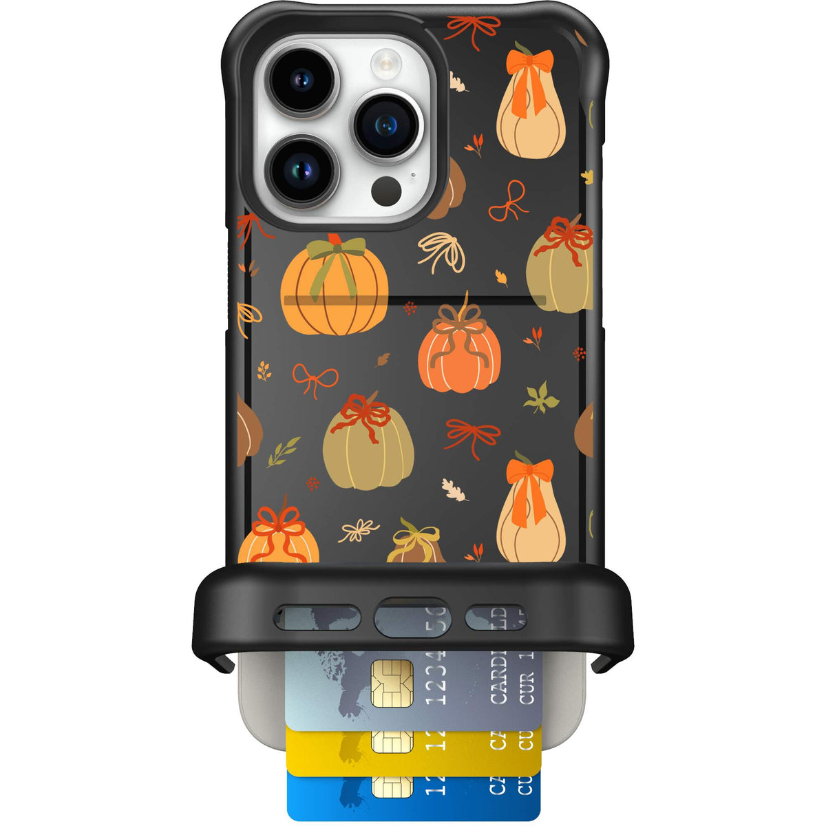 Pretty Pumpkins orange pumpkin and bow pattern on a Scooch Wingmate case for iPhone 15 Pro Max