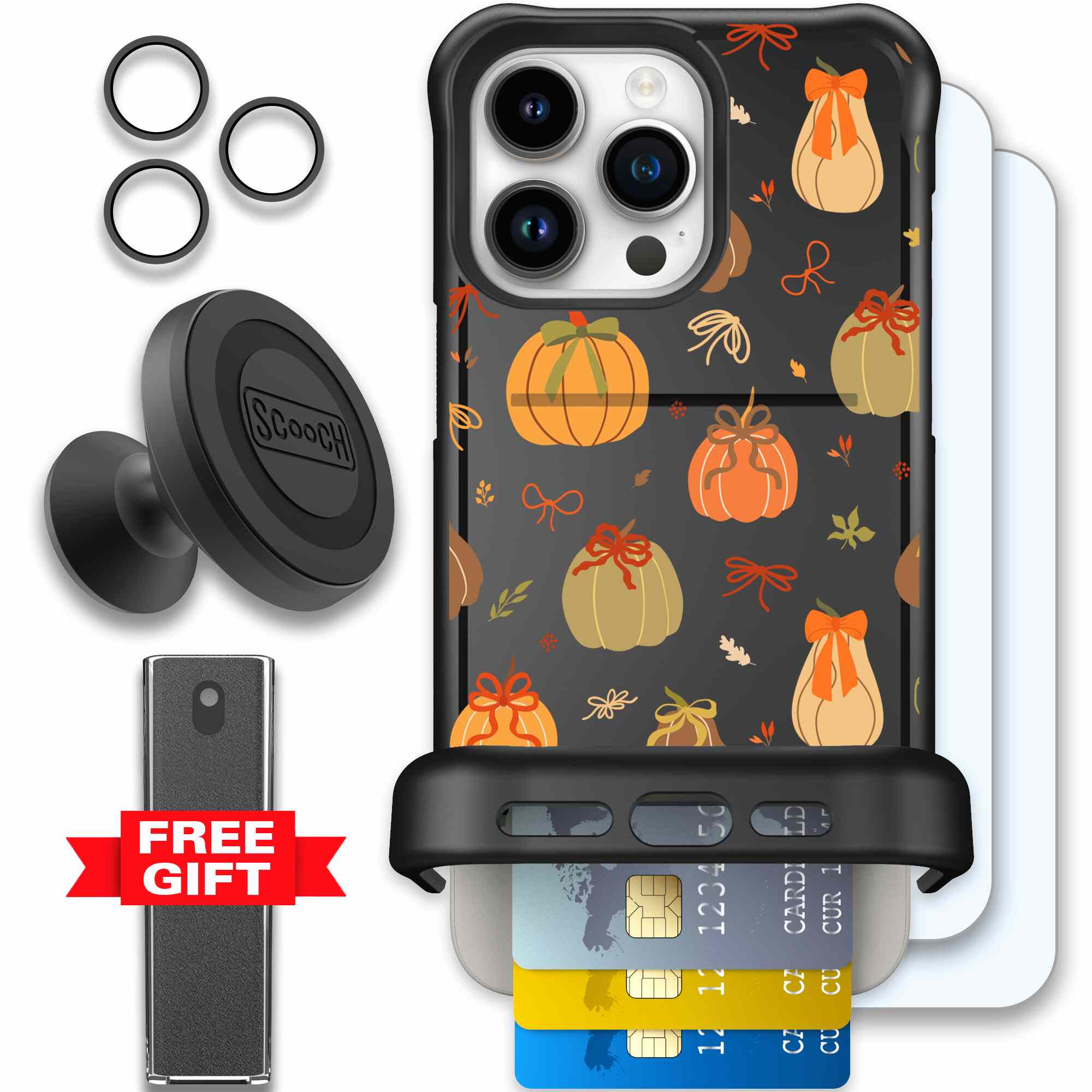 Pretty Pumpkins orange pumpkin and bow pattern on a Scooch Wingmate case for iPhone 15 Pro Max - Defender Bundle